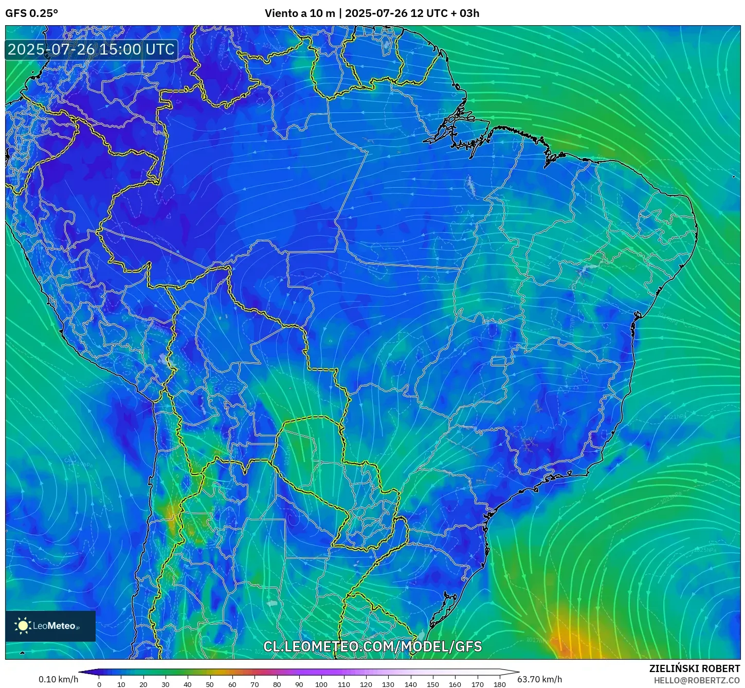 GFS model - Brasil, Viento a 10 m