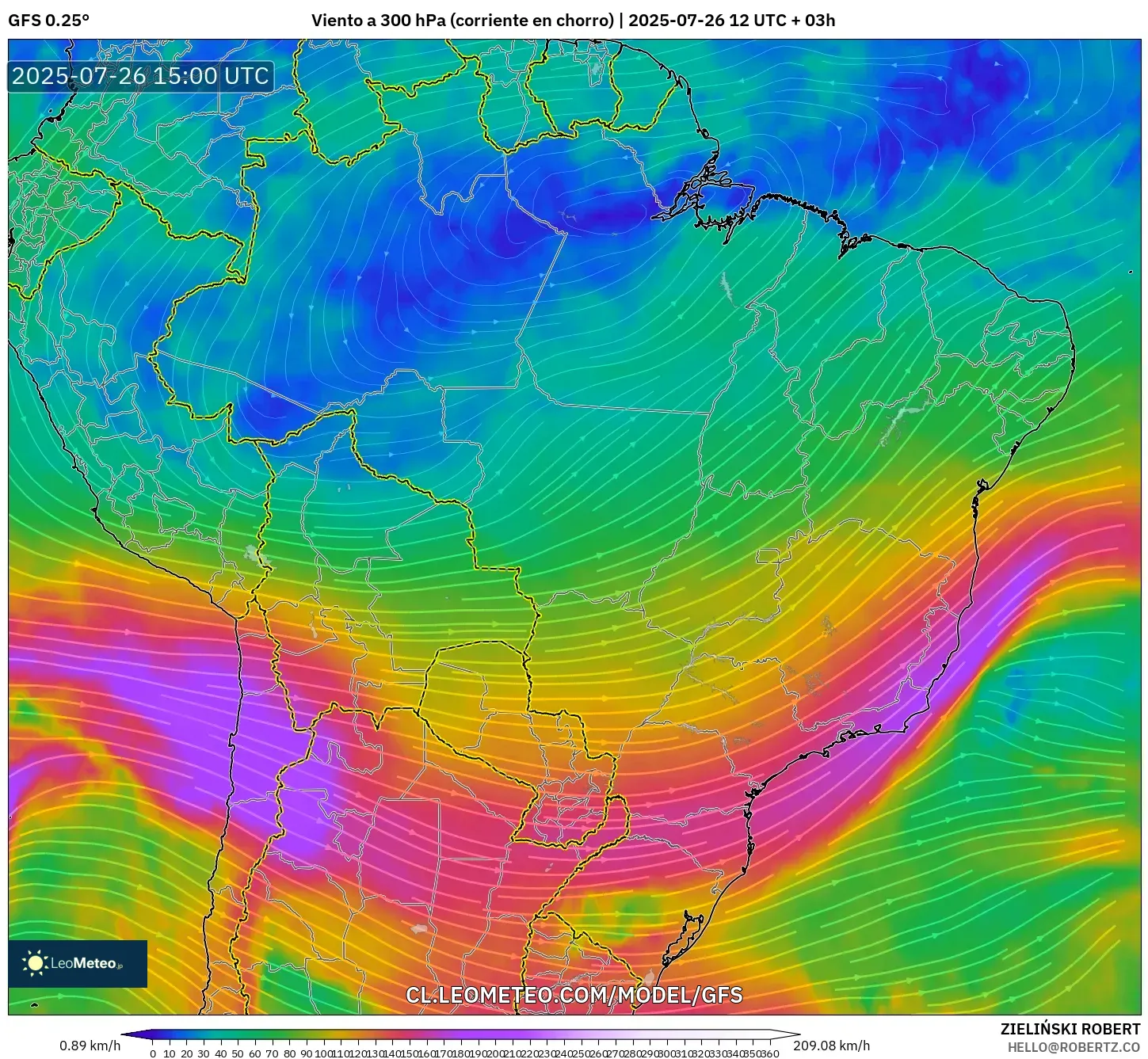GFS model - Brasil, Viento a 300 hPa (corriente en chorro)