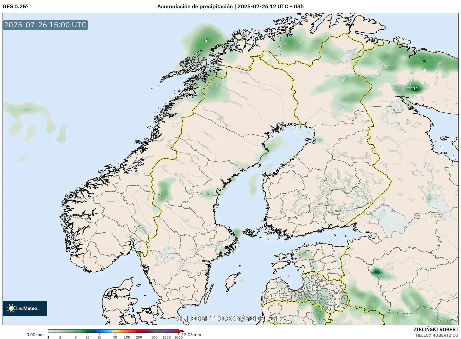 GFS model - Escandinavia, Acumulación de precipitación