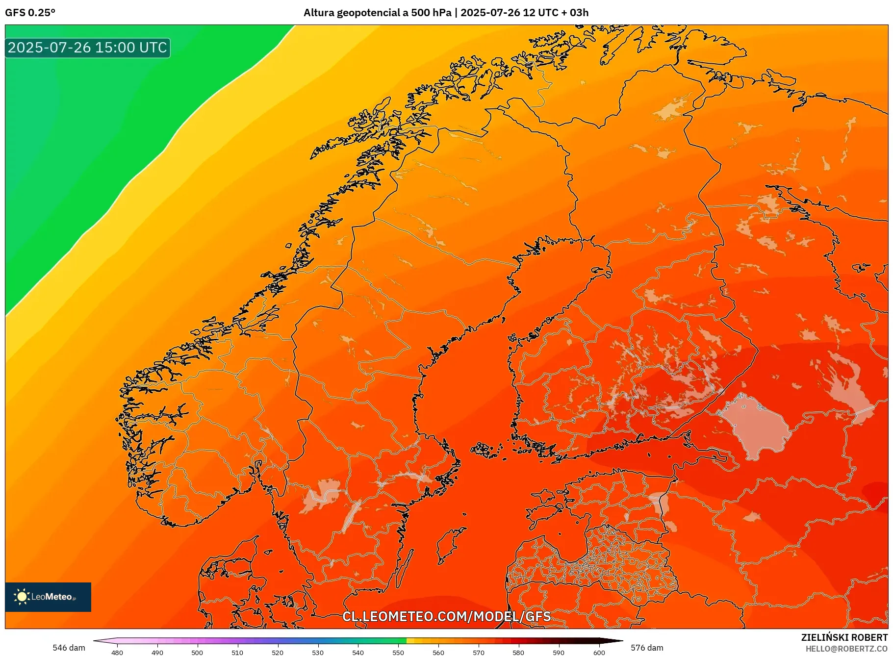 GFS model - Escandinavia, Altura geopotencial a 500 hPa