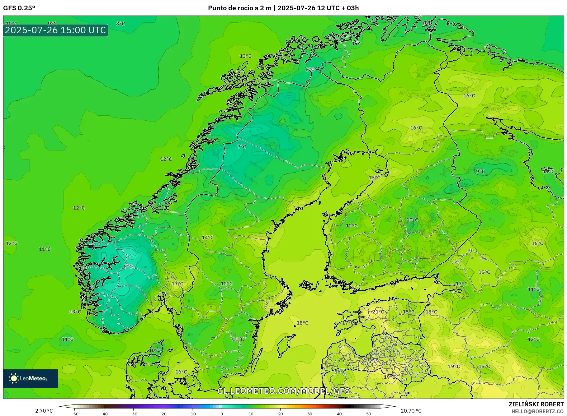GFS model - Escandinavia, Punto de rocío a 2 m