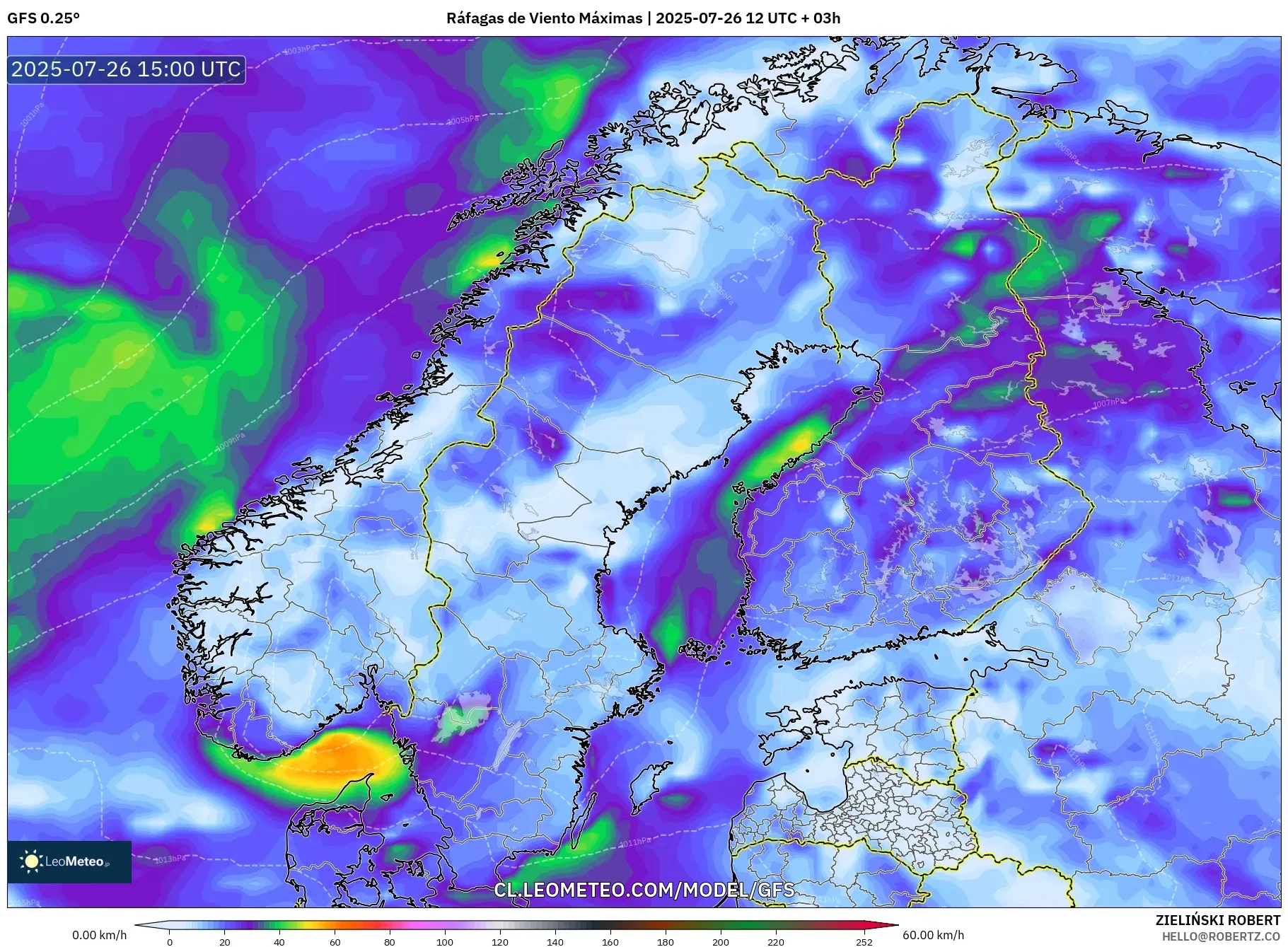 GFS model - Escandinavia, Ráfagas de Viento Máximas