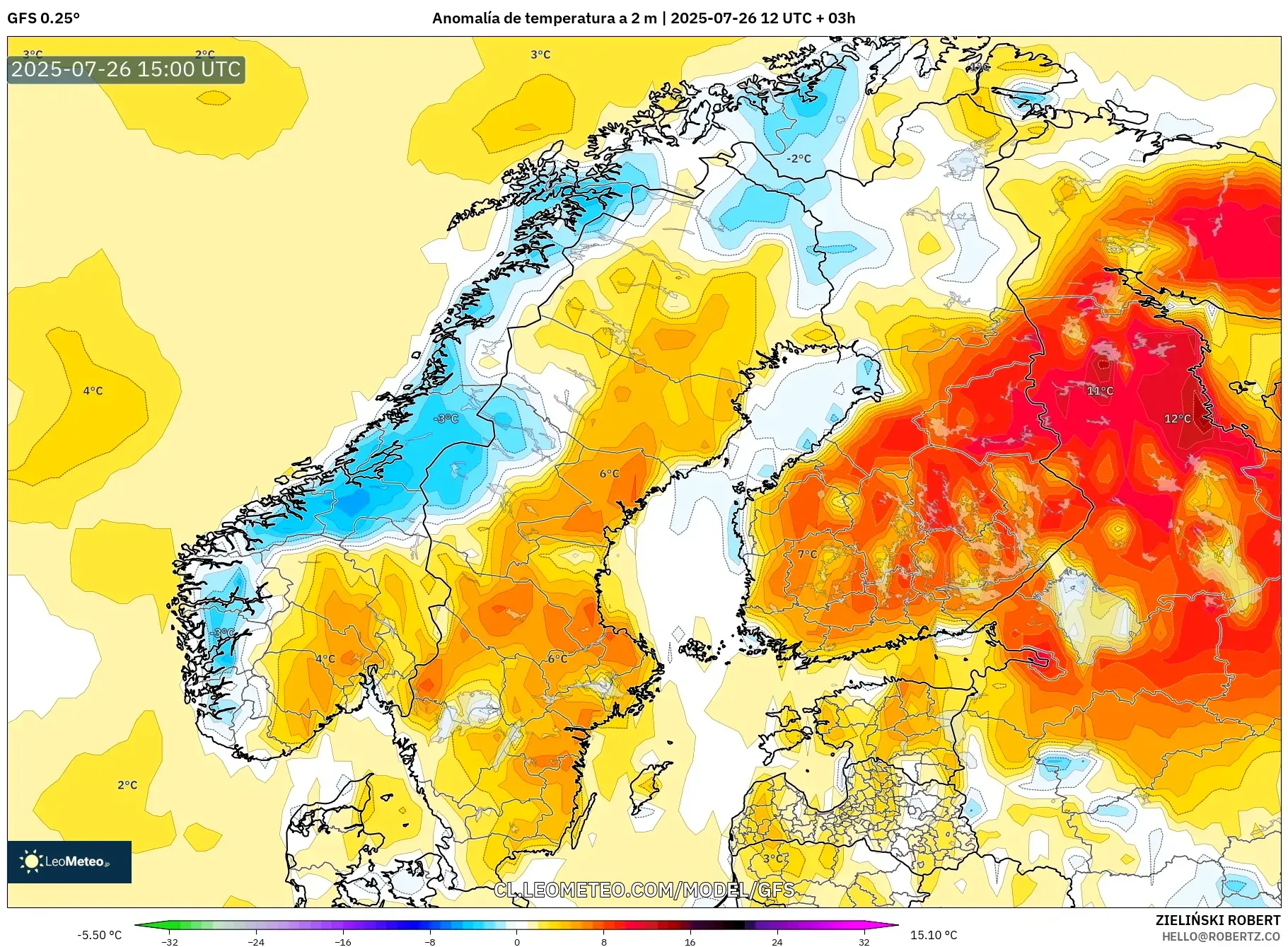 GFS model - Escandinavia, Anomalía de temperatura a 2 m