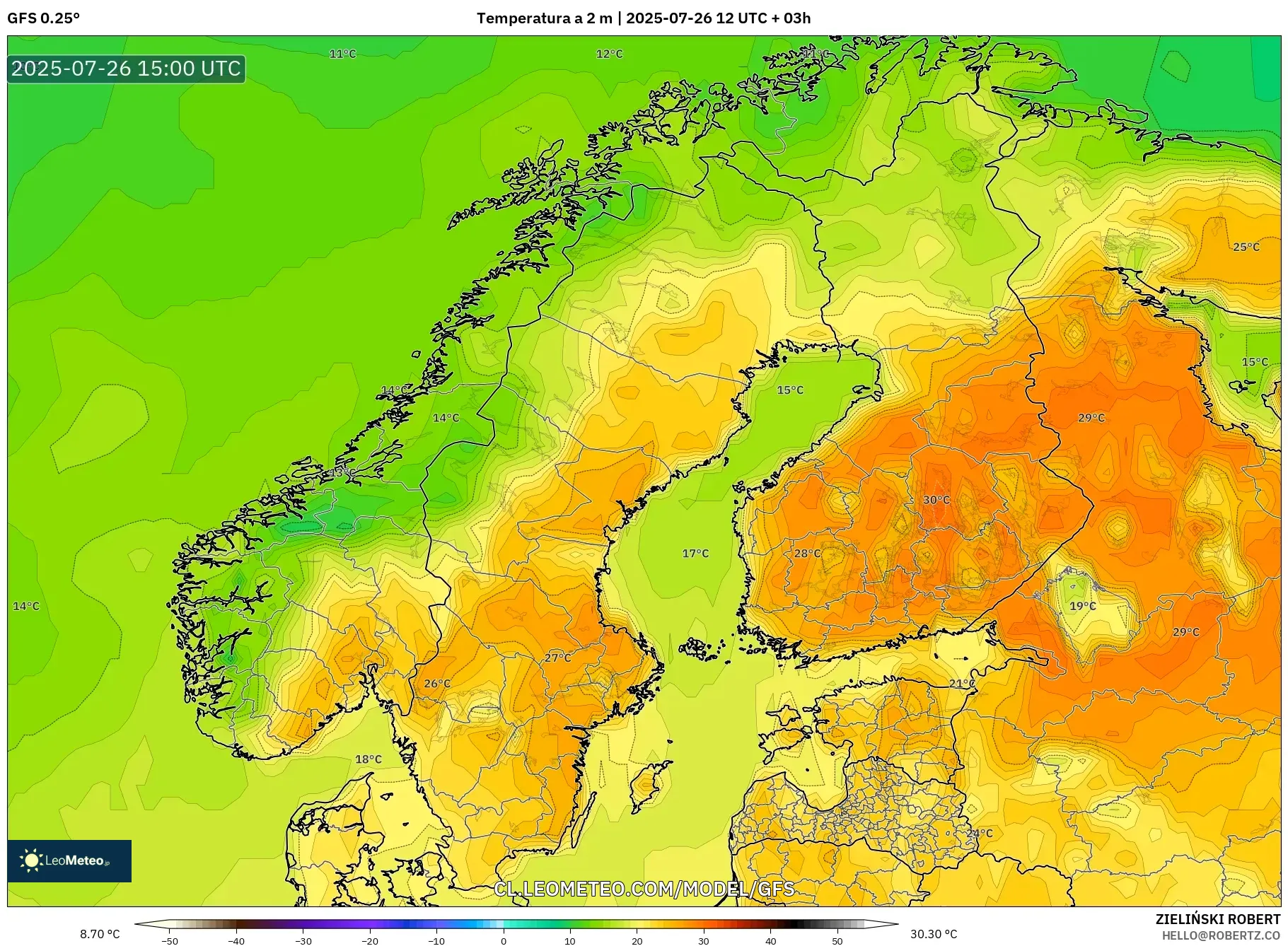 GFS model - Escandinavia, Temperatura a 2 m