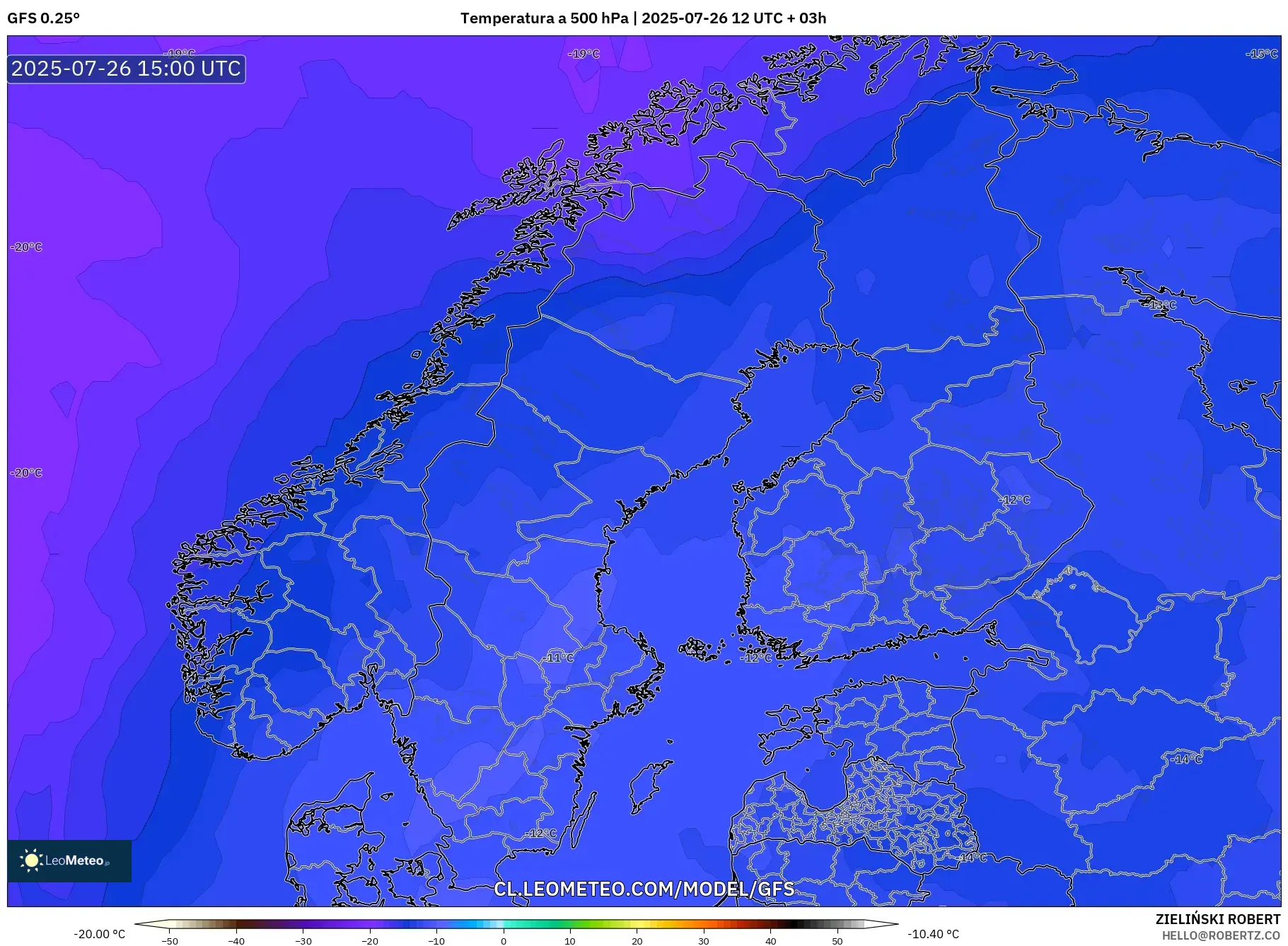 GFS model - Escandinavia, Temperatura a 500 hPa
