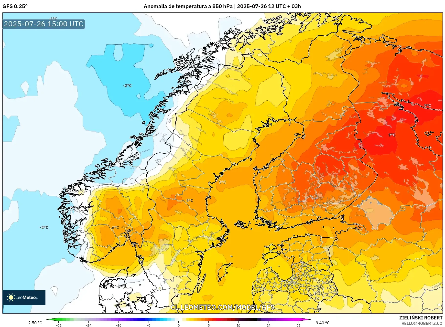 GFS model - Escandinavia, Anomalía de temperatura a 850 hPa