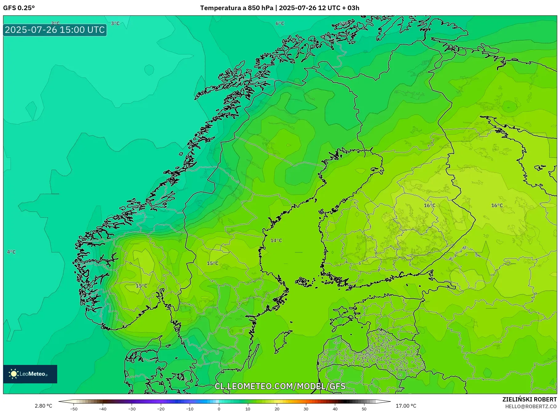 GFS model - Escandinavia, Temperatura a 850 hPa