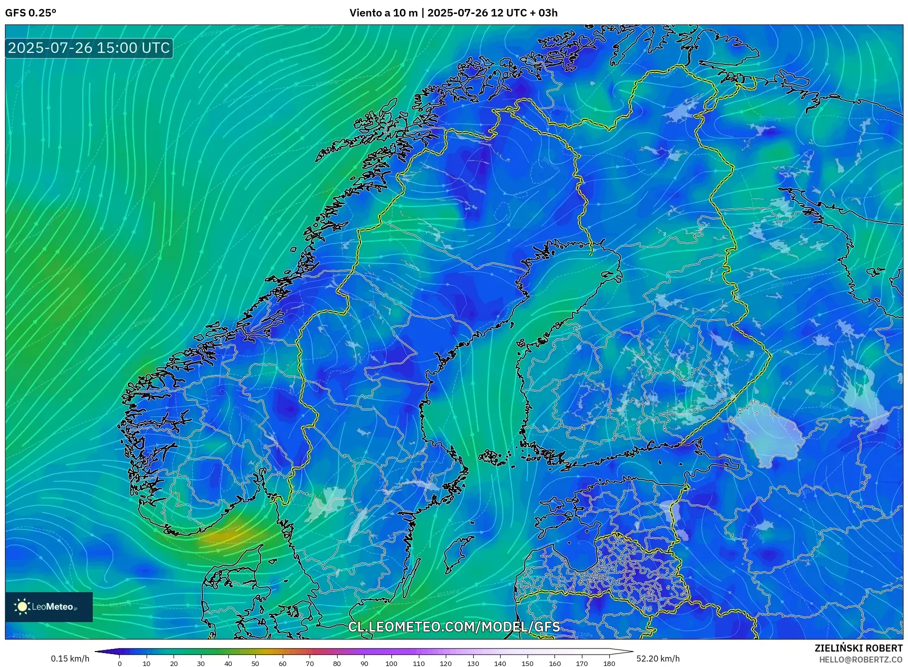 GFS model - Escandinavia, Viento a 10 m