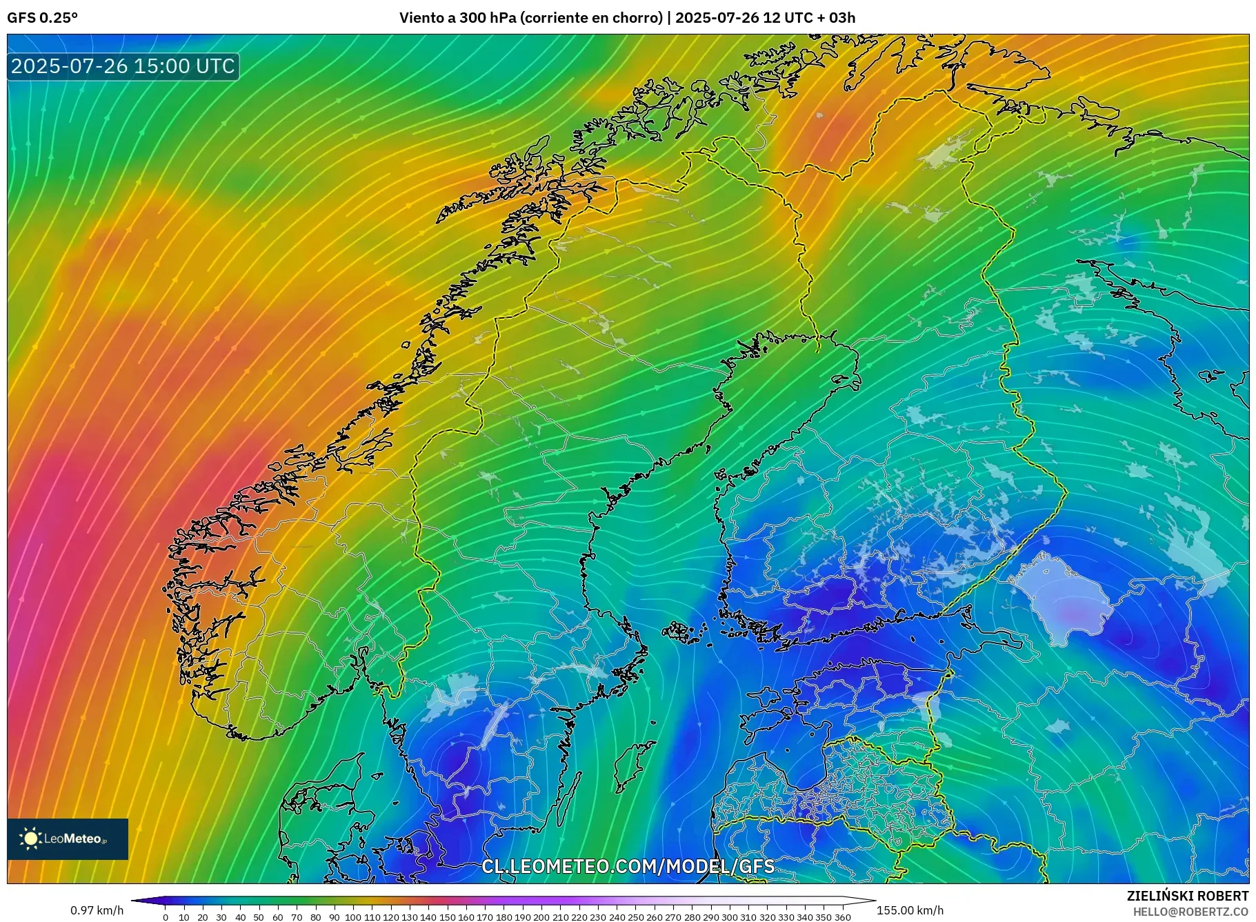 GFS model - Escandinavia, Viento a 300 hPa (corriente en chorro)