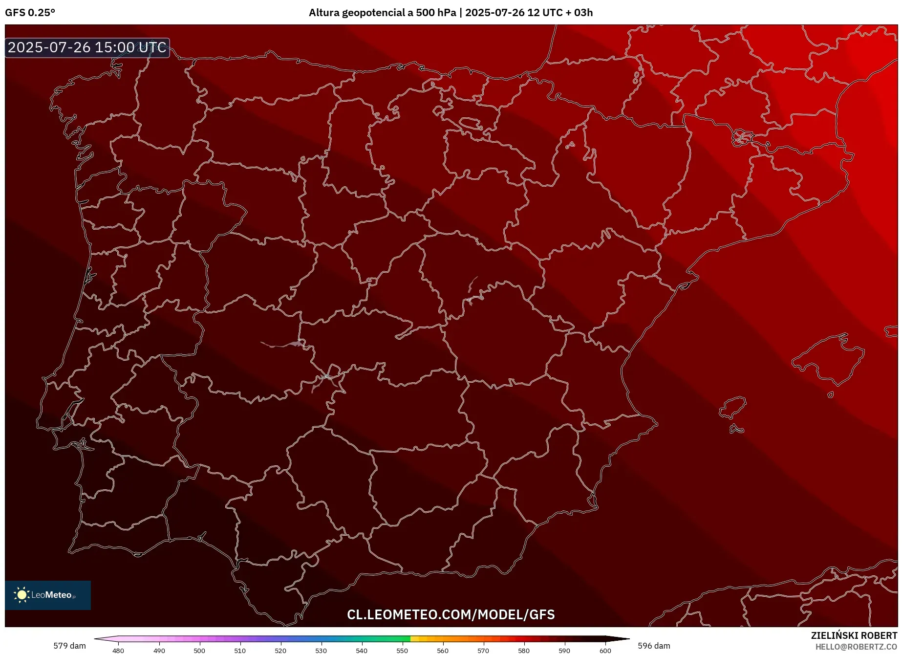 GFS model - España, Altura geopotencial a 500 hPa