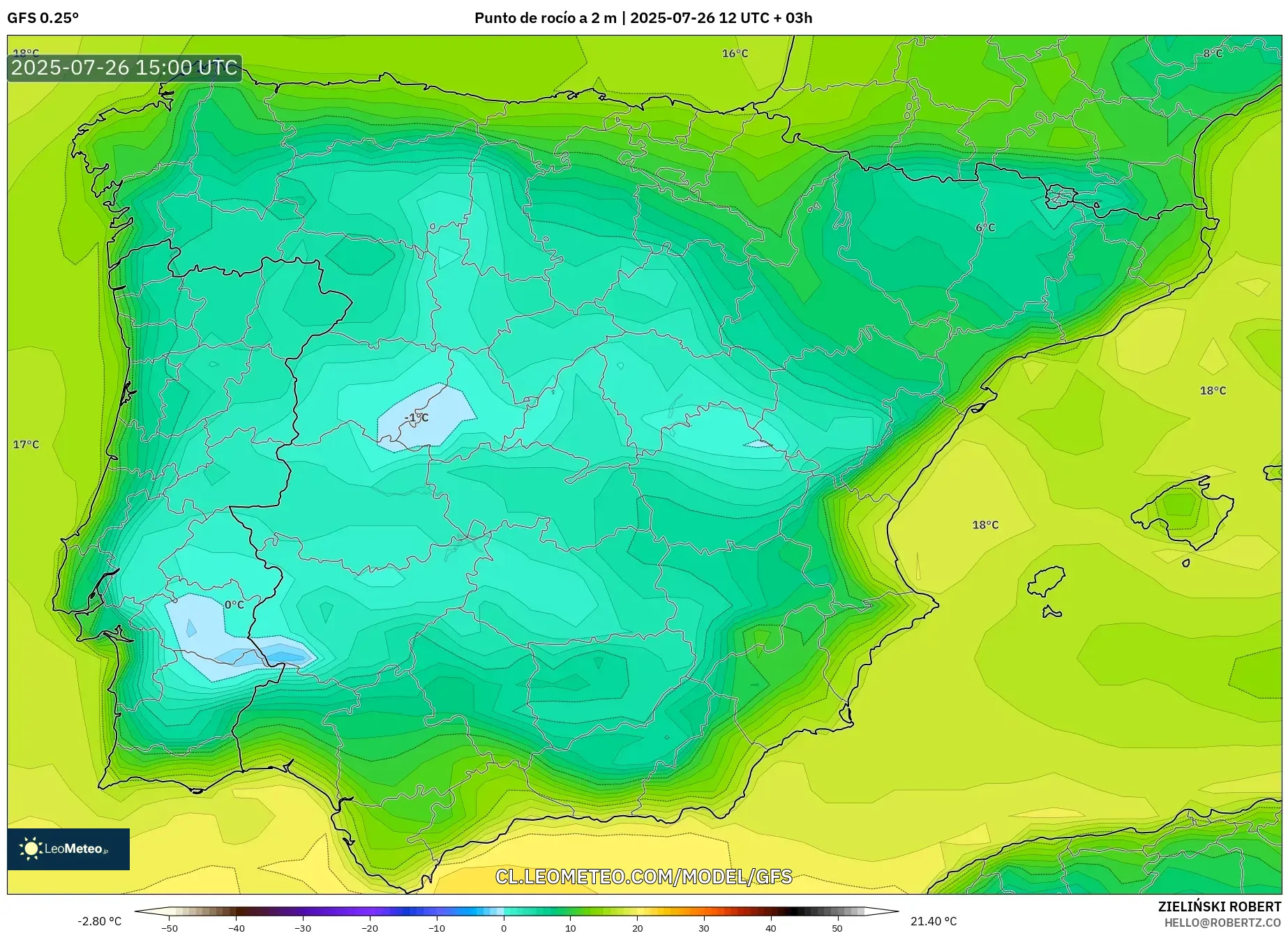 GFS model - España, Punto de rocío a 2 m