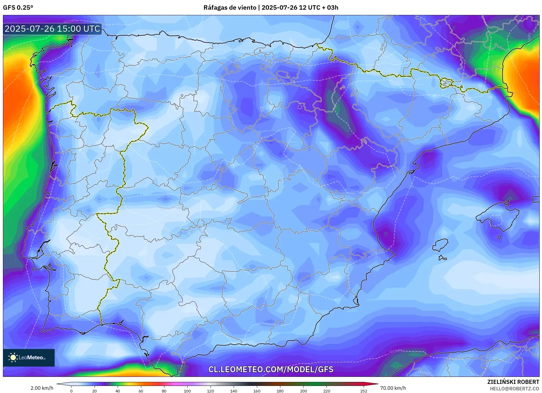 GFS model - España, Ráfagas de viento