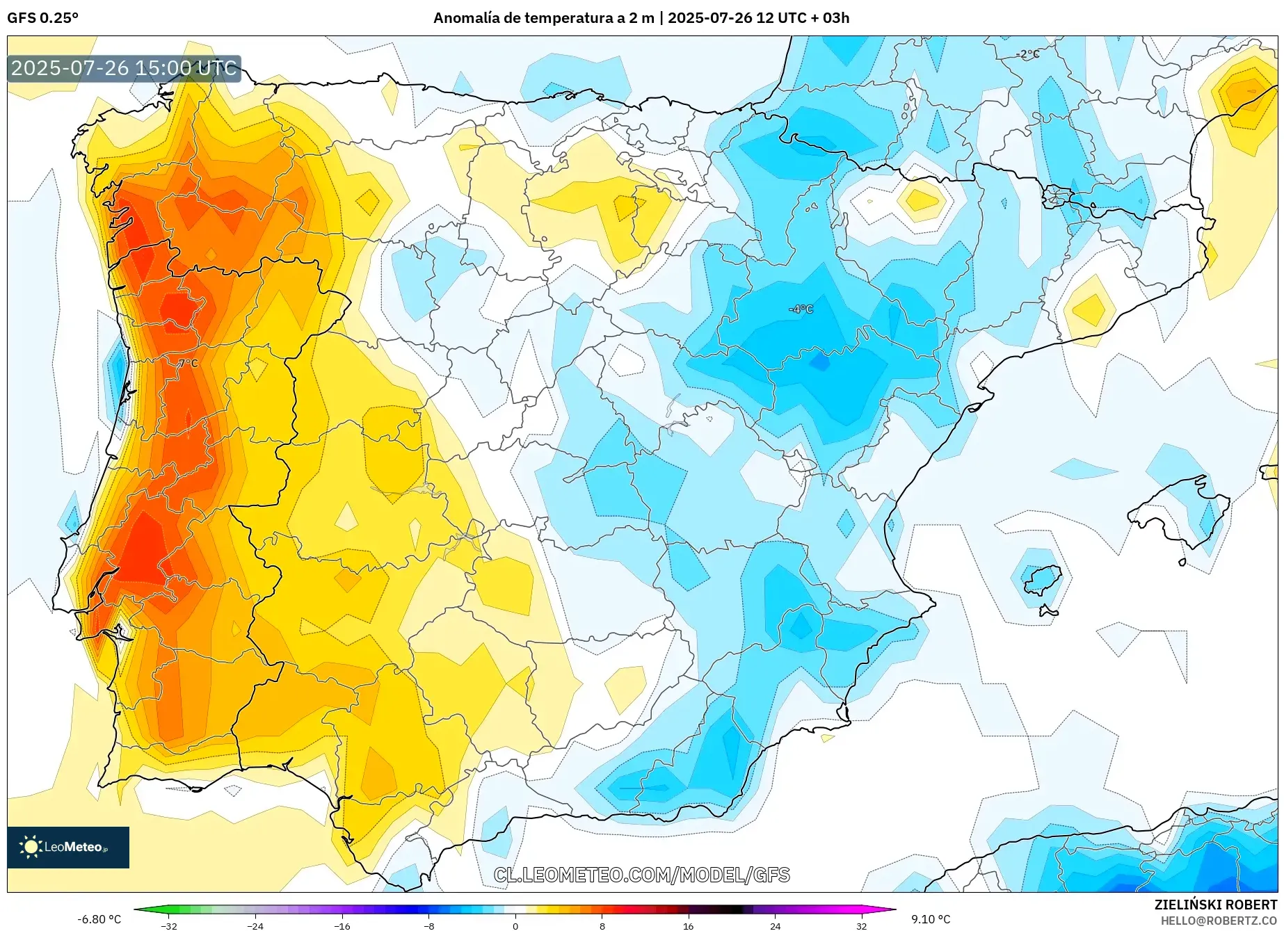 GFS model - España, Anomalía de temperatura a 2 m