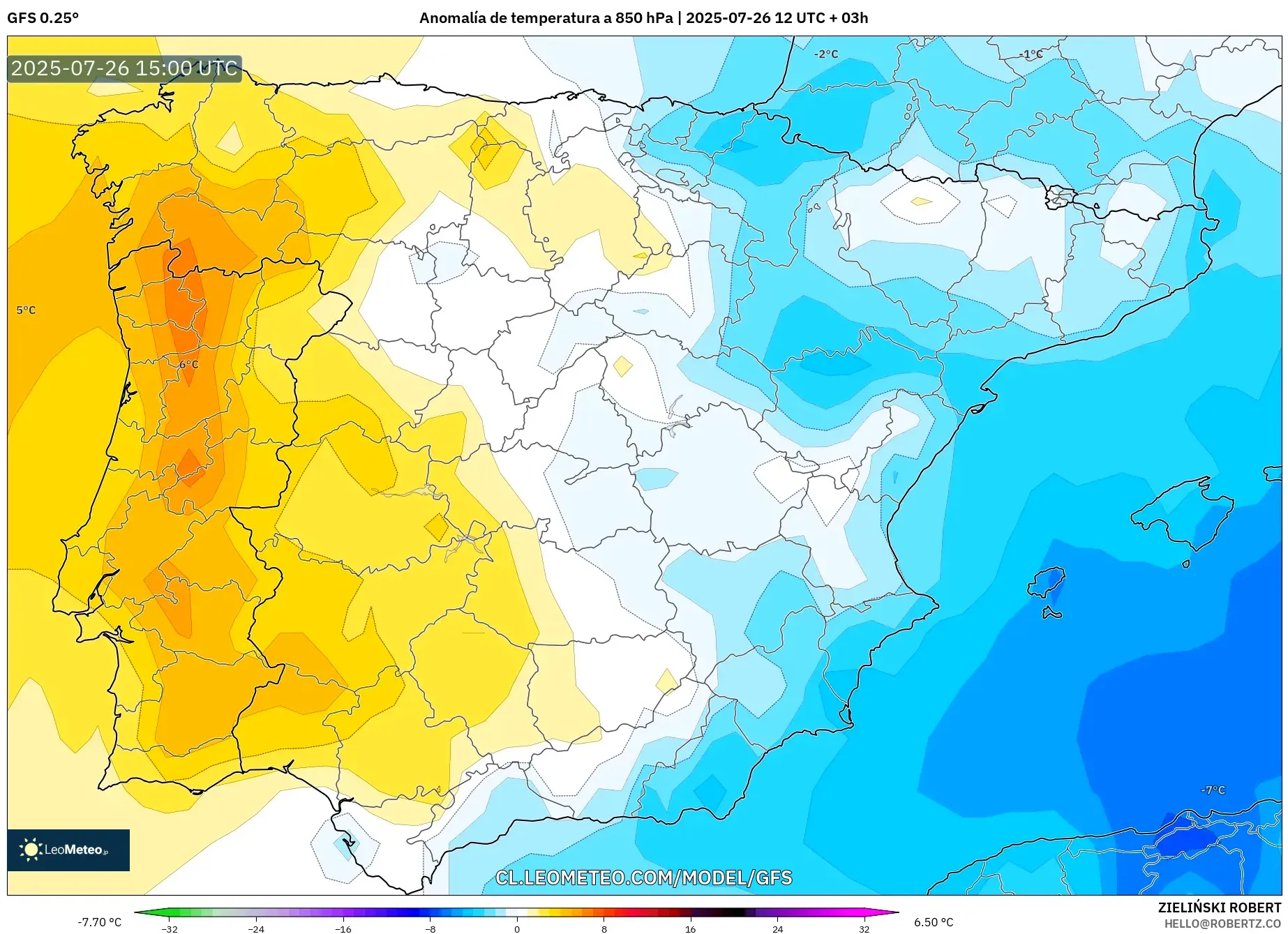 GFS model - España, Anomalía de temperatura a 850 hPa