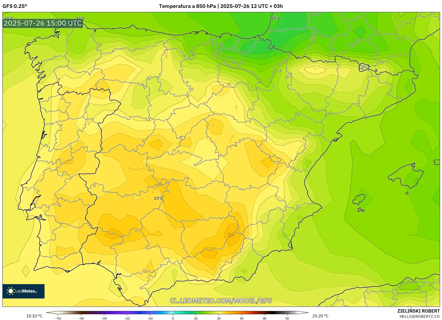 GFS model - España, Temperatura a 850 hPa