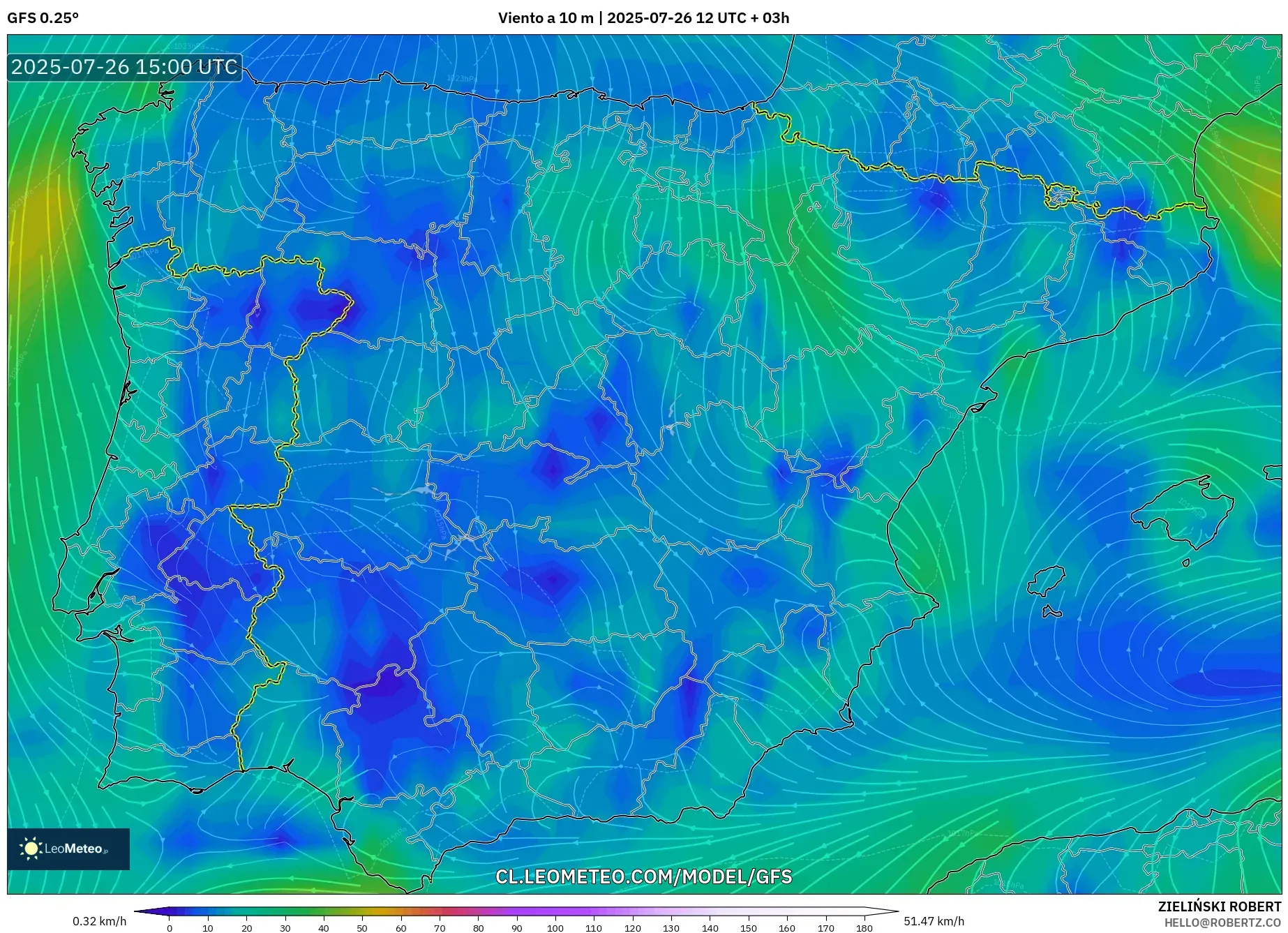 GFS model - España, Viento a 10 m