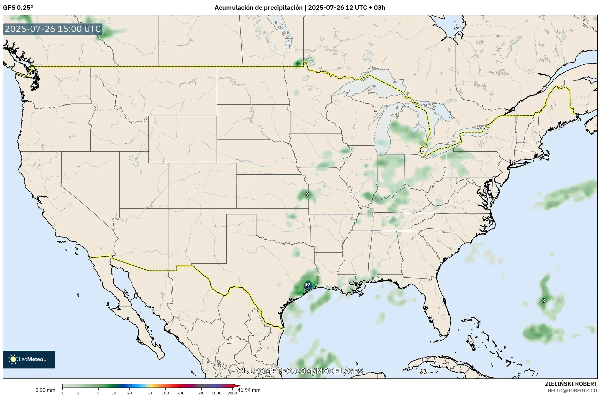 GFS model - Estados Unidos, Acumulación de precipitación