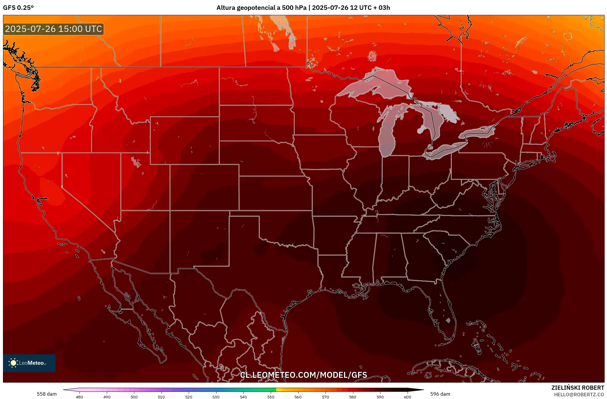 GFS model - Estados Unidos, Altura geopotencial a 500 hPa