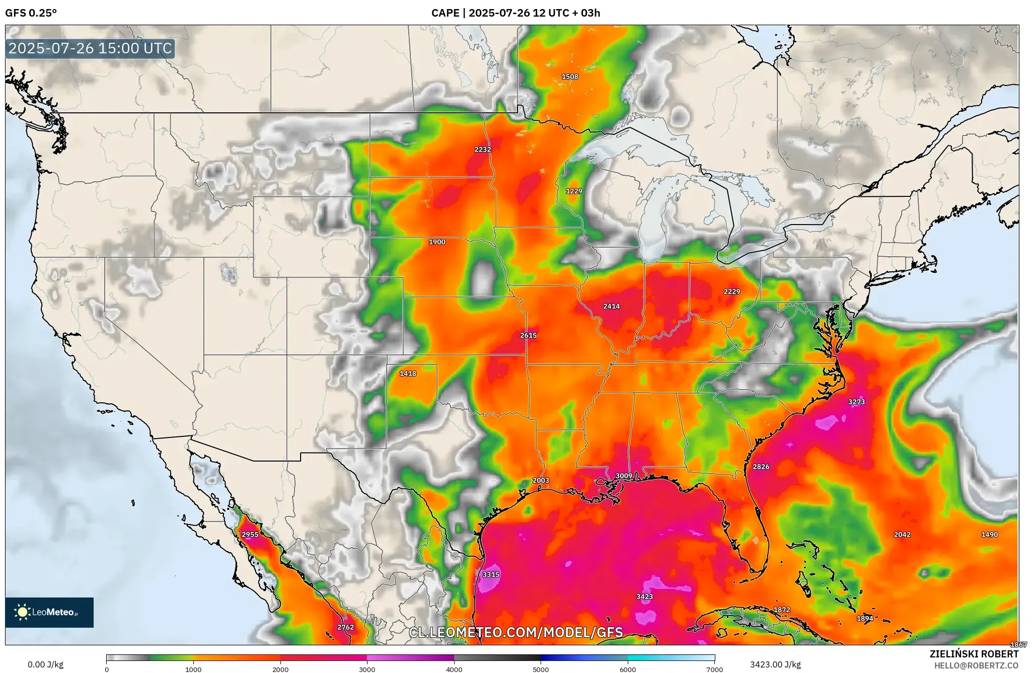 GFS model - Estados Unidos, CAPE