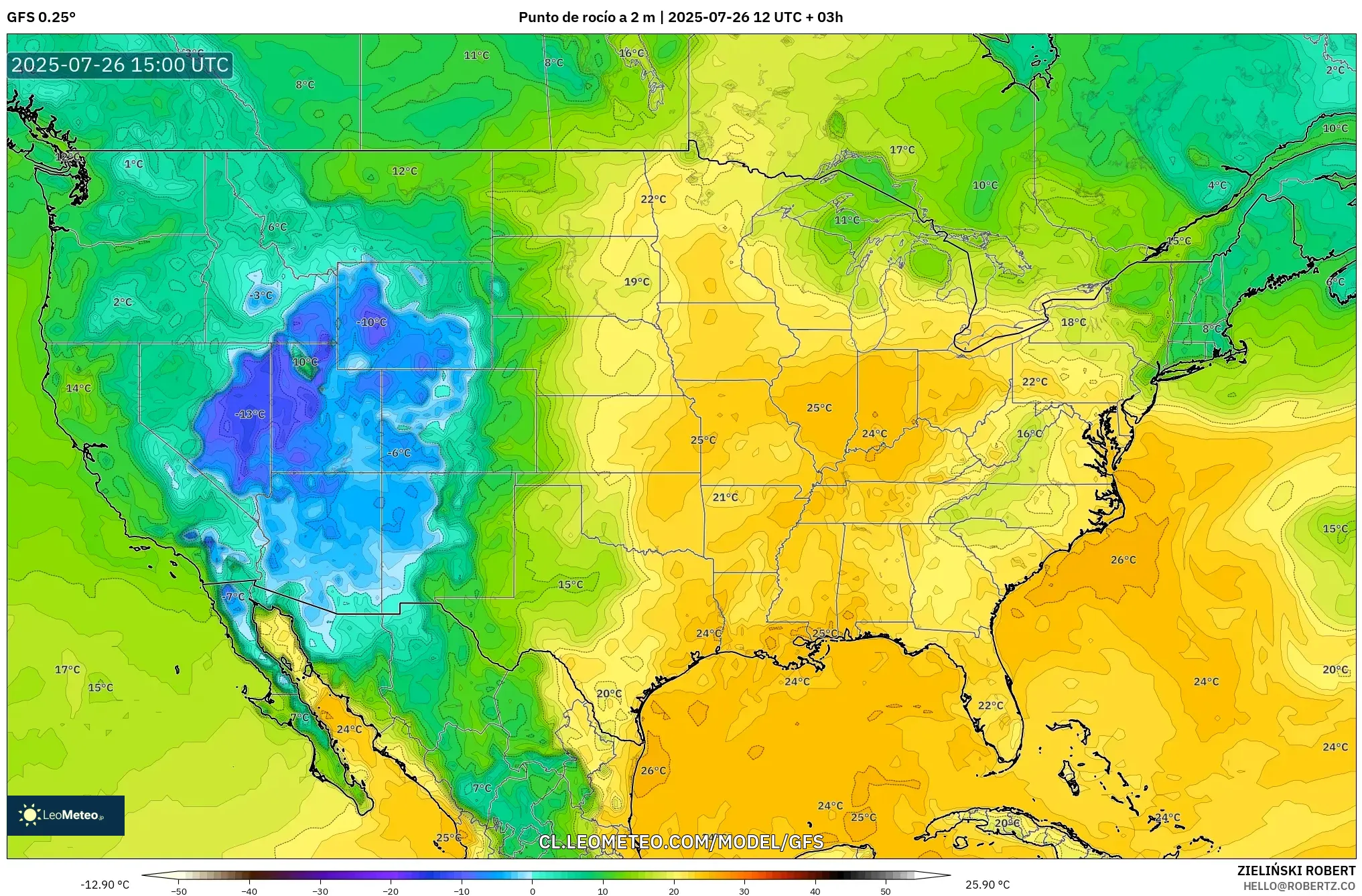 GFS model - Estados Unidos, Punto de rocío a 2 m