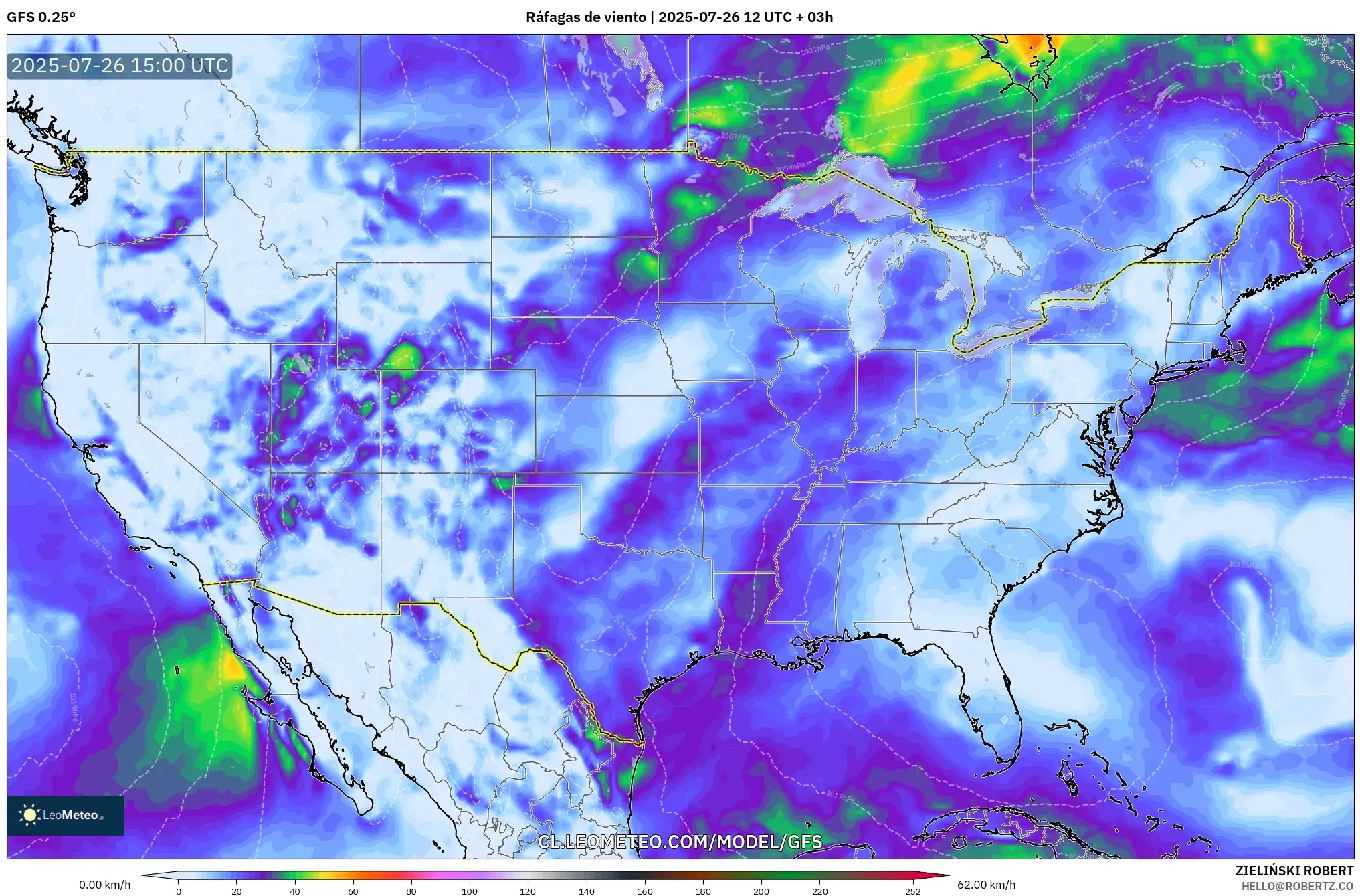 GFS model - Estados Unidos, Ráfagas de viento