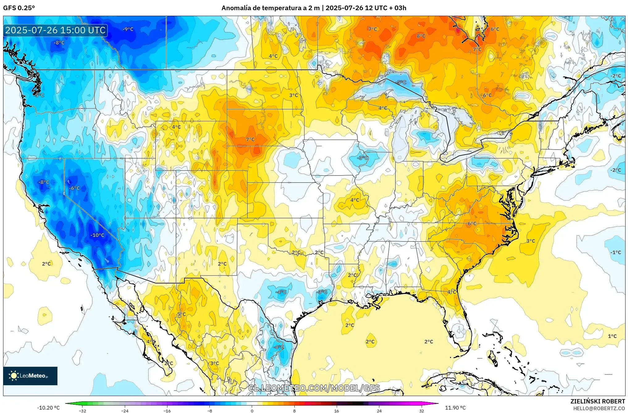 GFS model - Estados Unidos, Anomalía de temperatura a 2 m