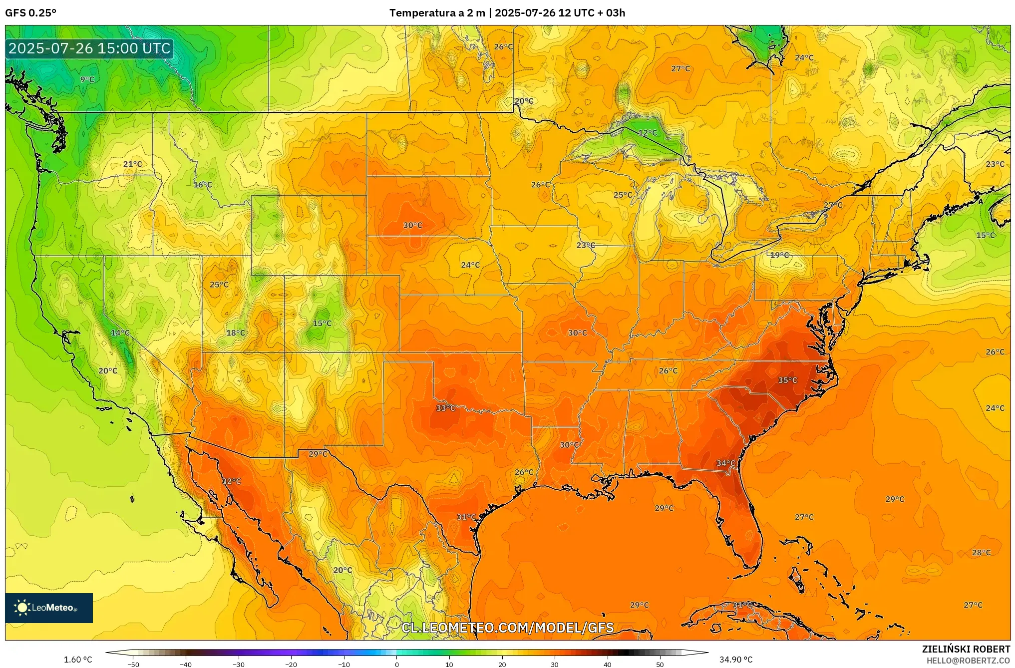 GFS model - Estados Unidos, Temperatura a 2 m