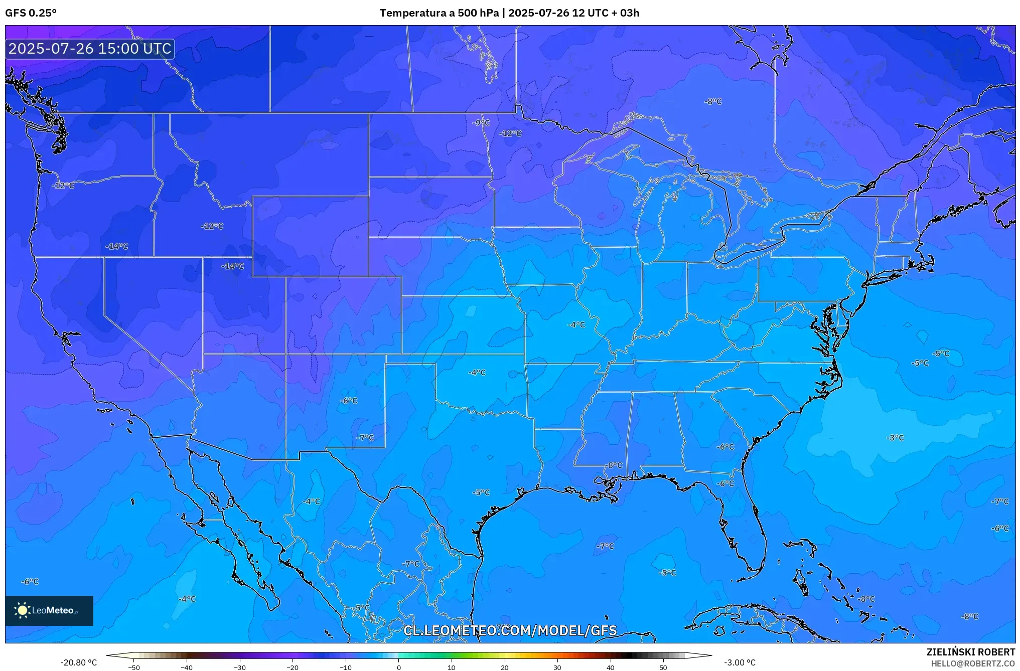 GFS model - Estados Unidos, Temperatura a 500 hPa