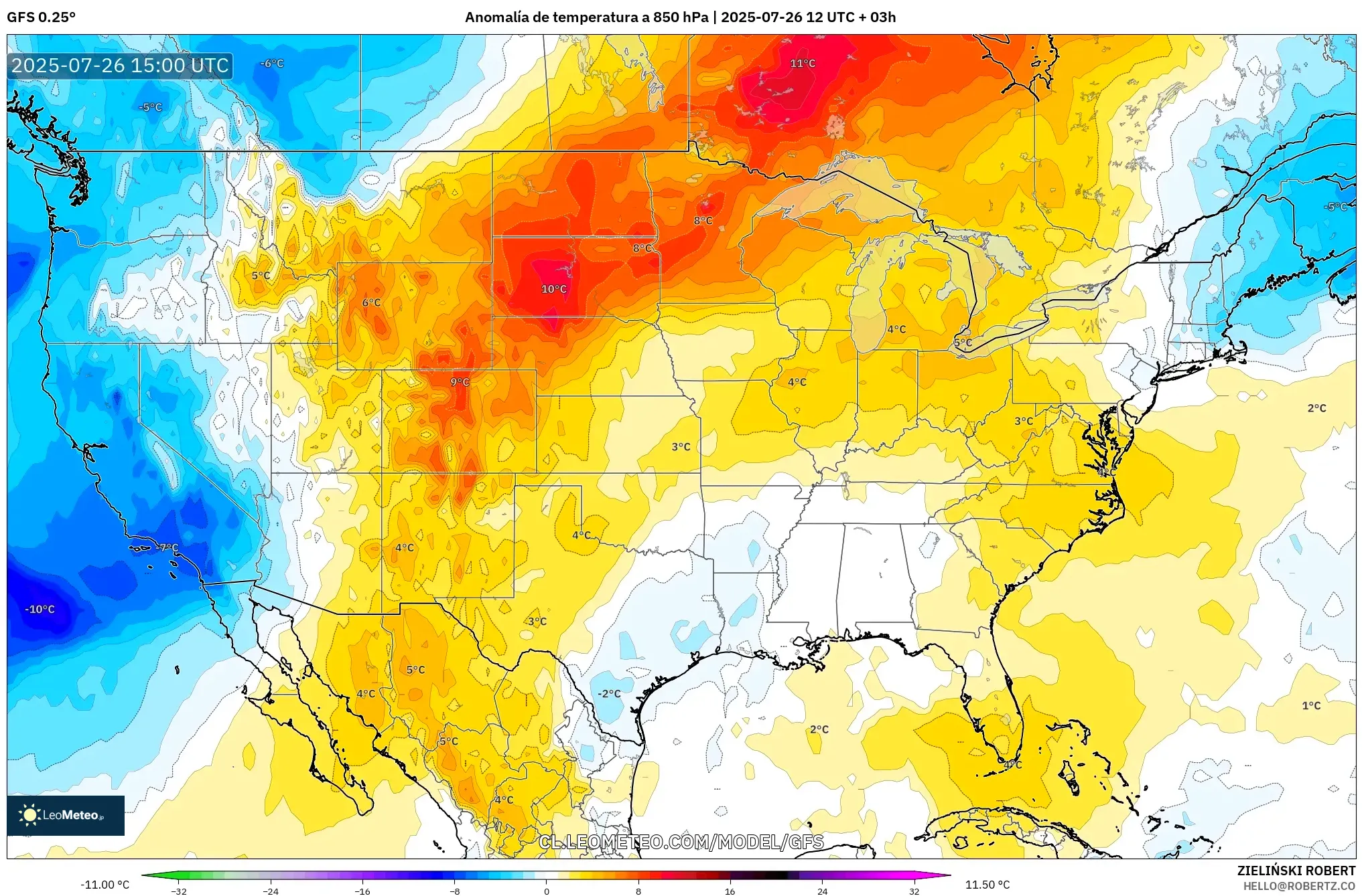 GFS model - Estados Unidos, Anomalía de temperatura a 850 hPa