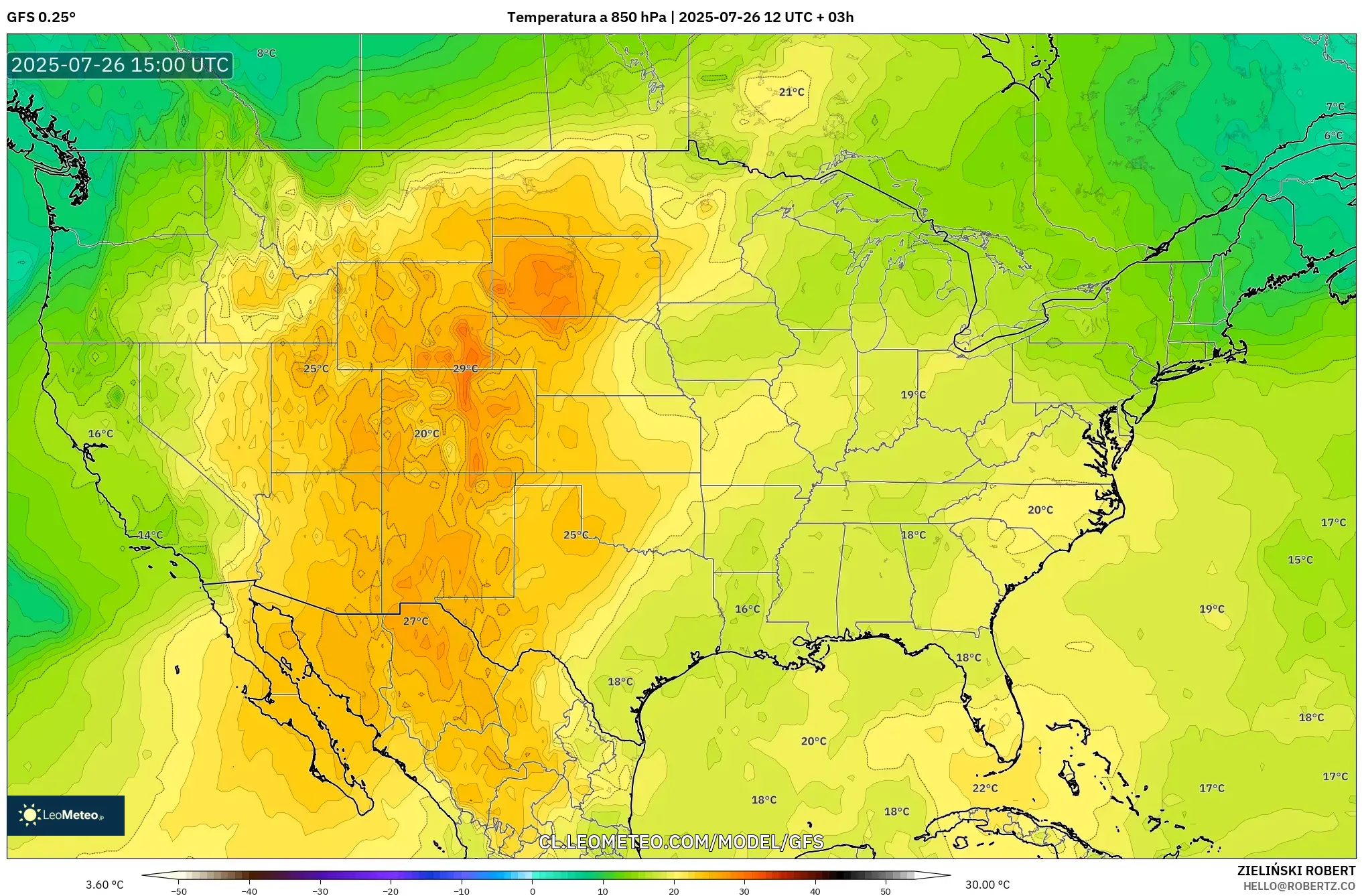 GFS model - Estados Unidos, Temperatura a 850 hPa