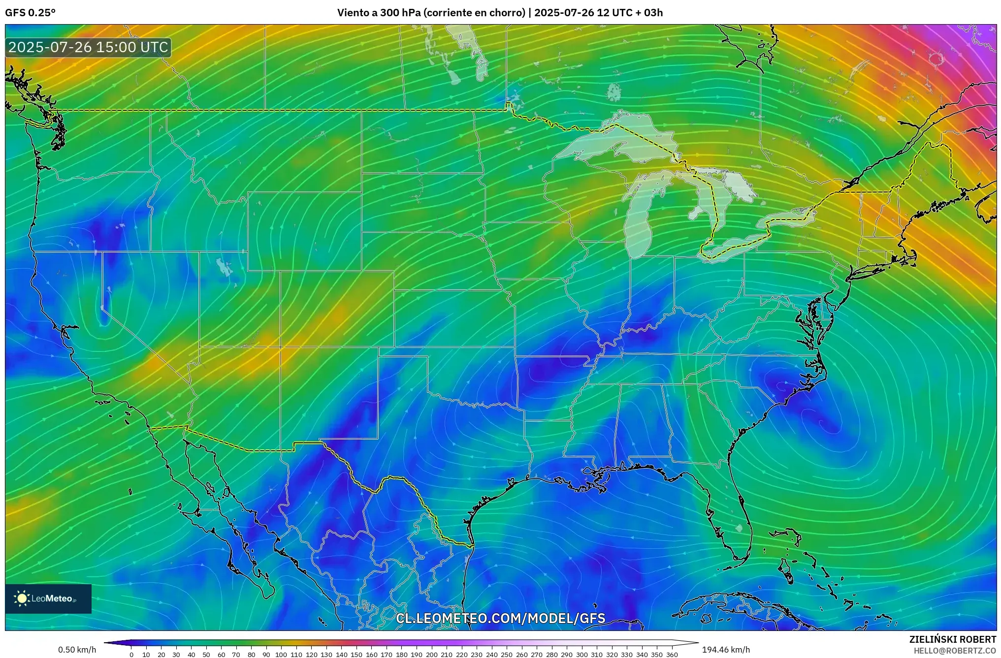 GFS model - Estados Unidos, Viento a 300 hPa (corriente en chorro)