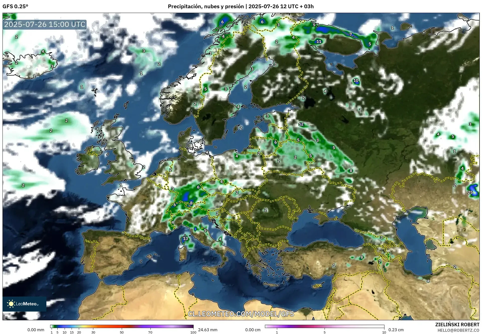 GFS model - Europa, Precipitación, nubes y presión GFS model - Europa, Precipitación, nubes y presión