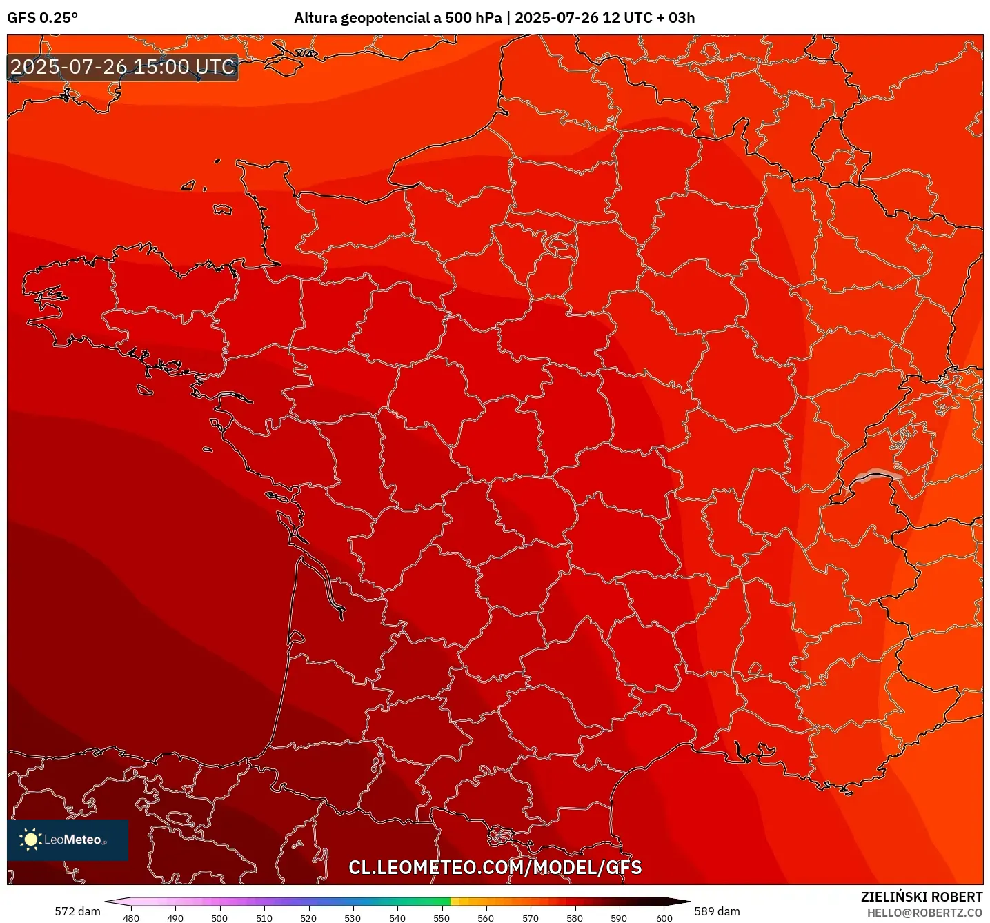 GFS model - Francia, Altura geopotencial a 500 hPa