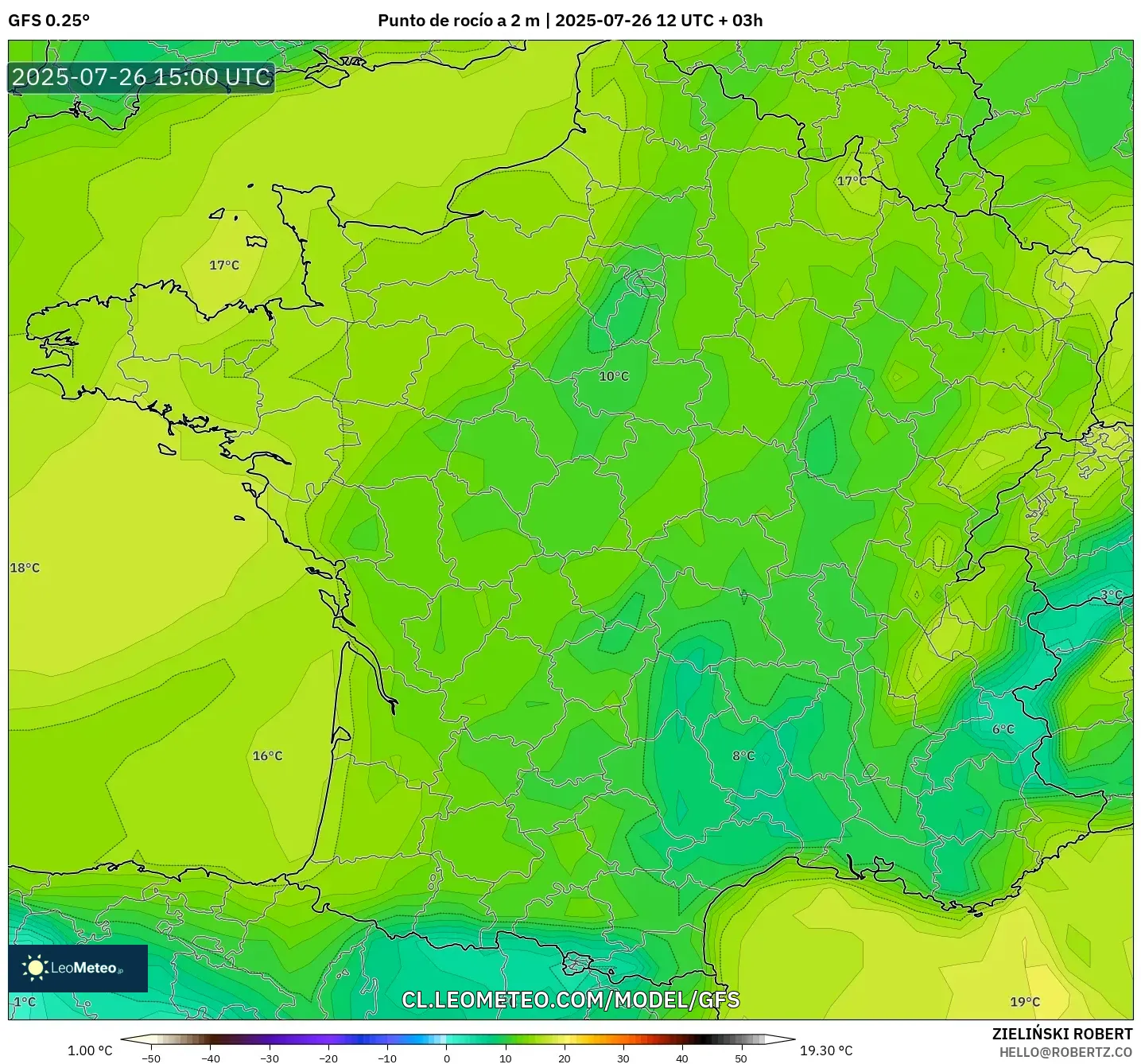 GFS model - Francia, Punto de rocío a 2 m