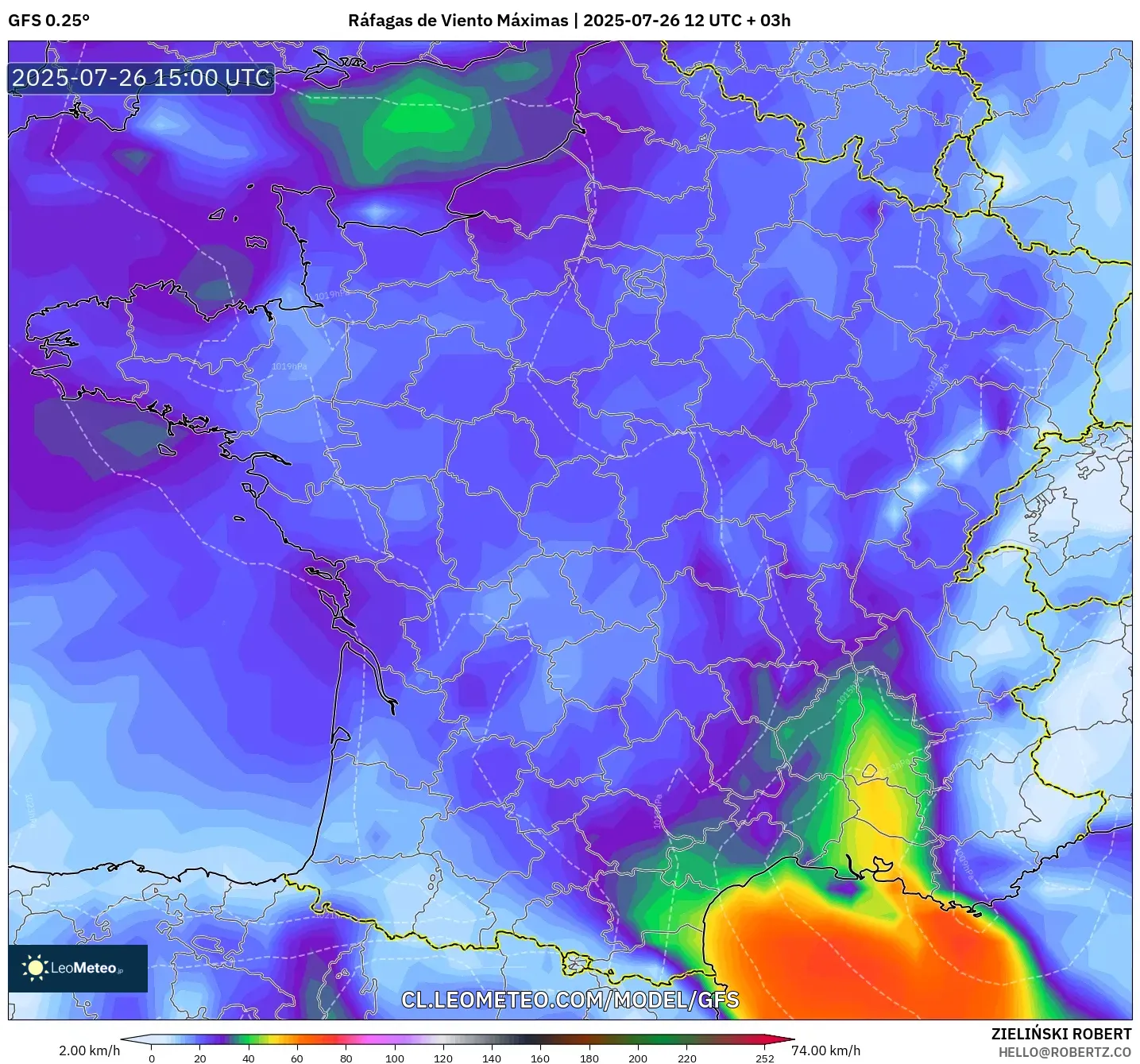 GFS model - Francia, Ráfagas de Viento Máximas