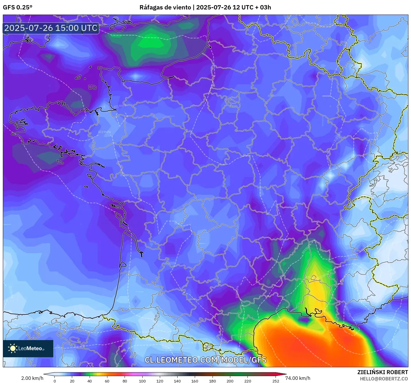 GFS model - Francia, Ráfagas de viento