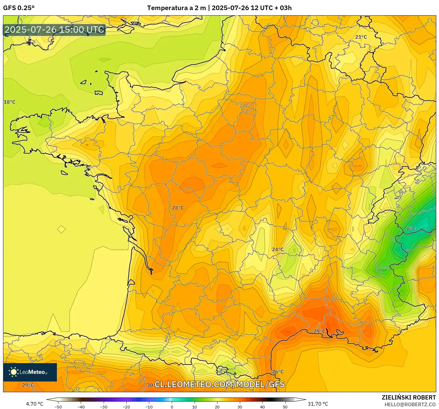 GFS model - Francia, Temperatura a 2 m