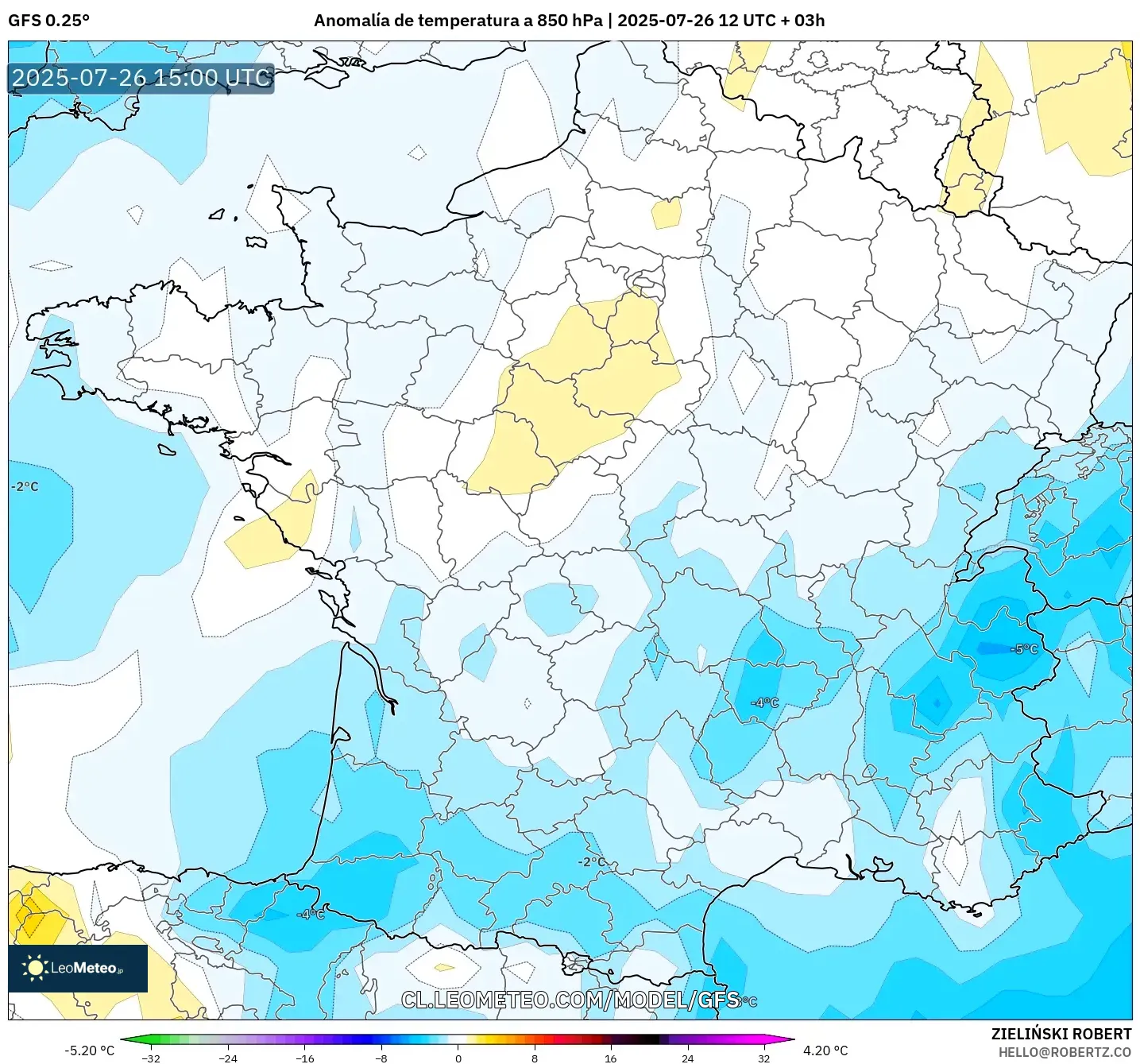 GFS model - Francia, Anomalía de temperatura a 850 hPa