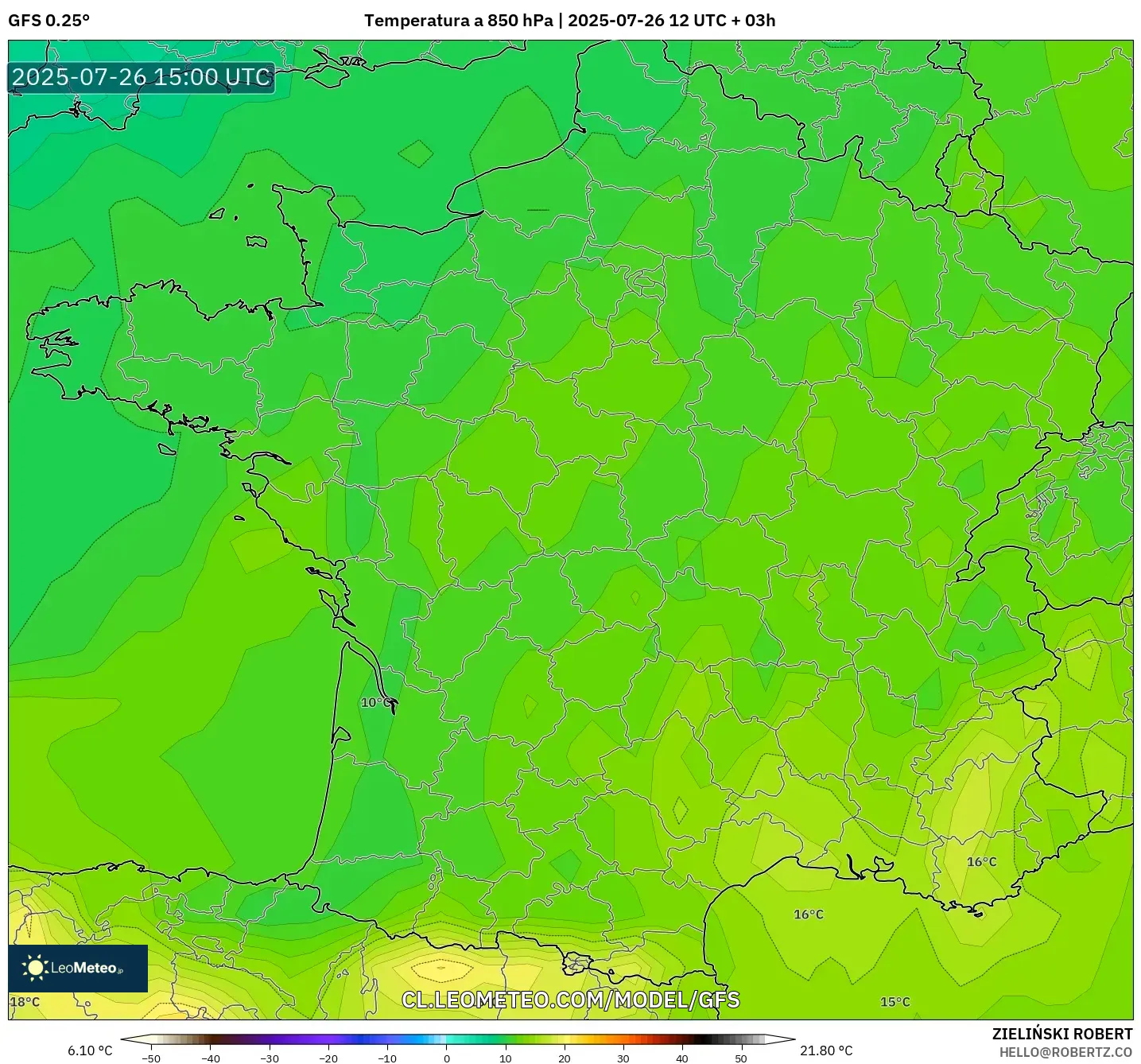 GFS model - Francia, Temperatura a 850 hPa