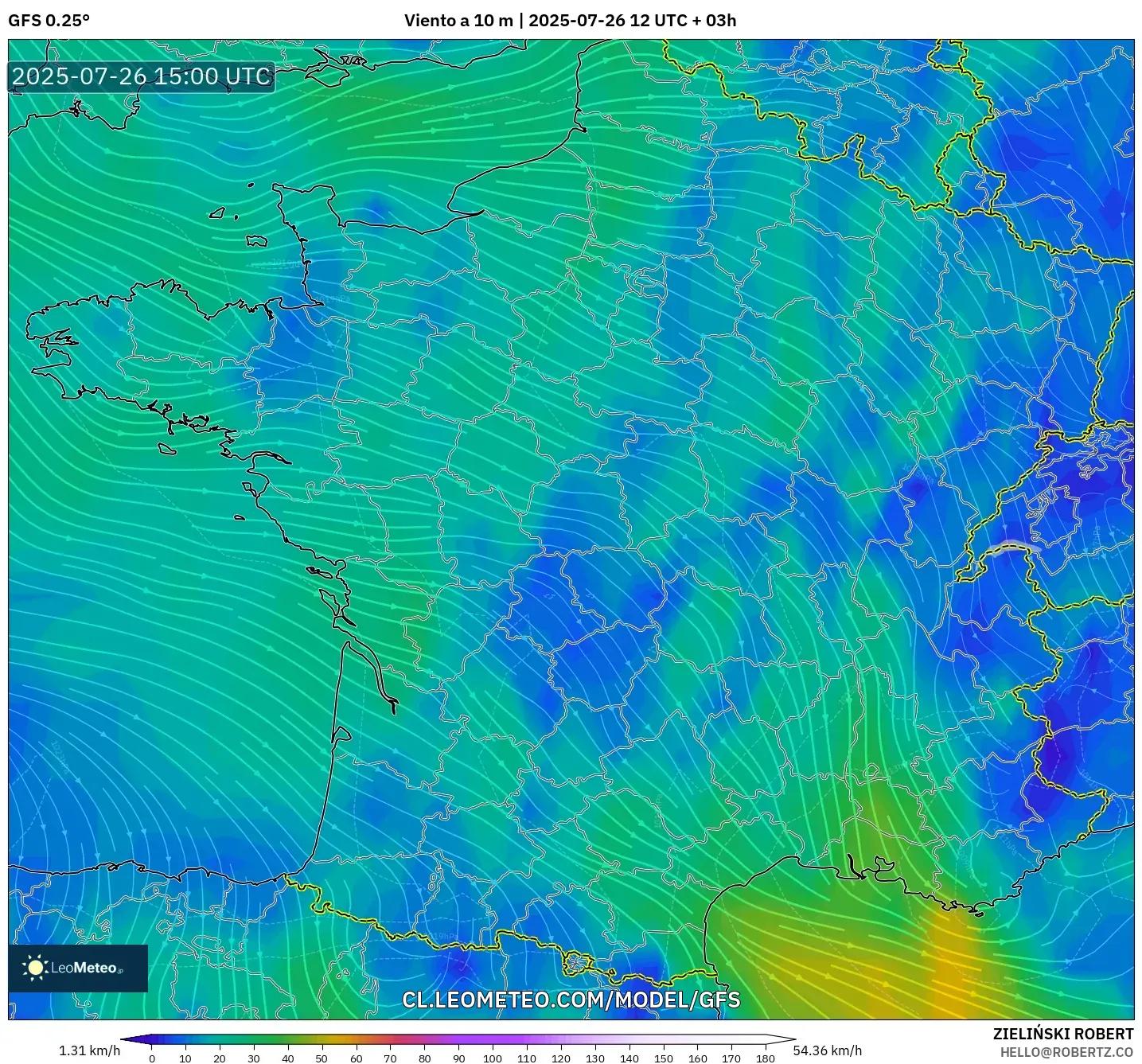 GFS model - Francia, Viento a 10 m
