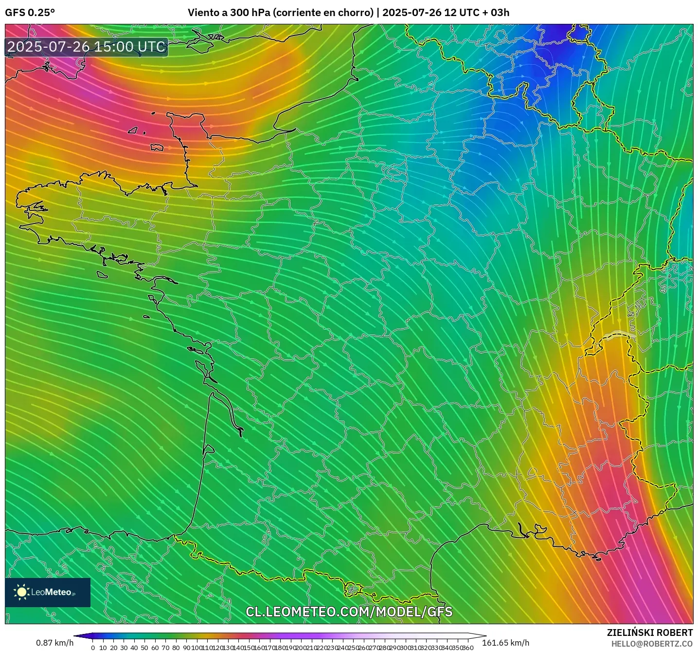 GFS model - Francia, Viento a 300 hPa (corriente en chorro)