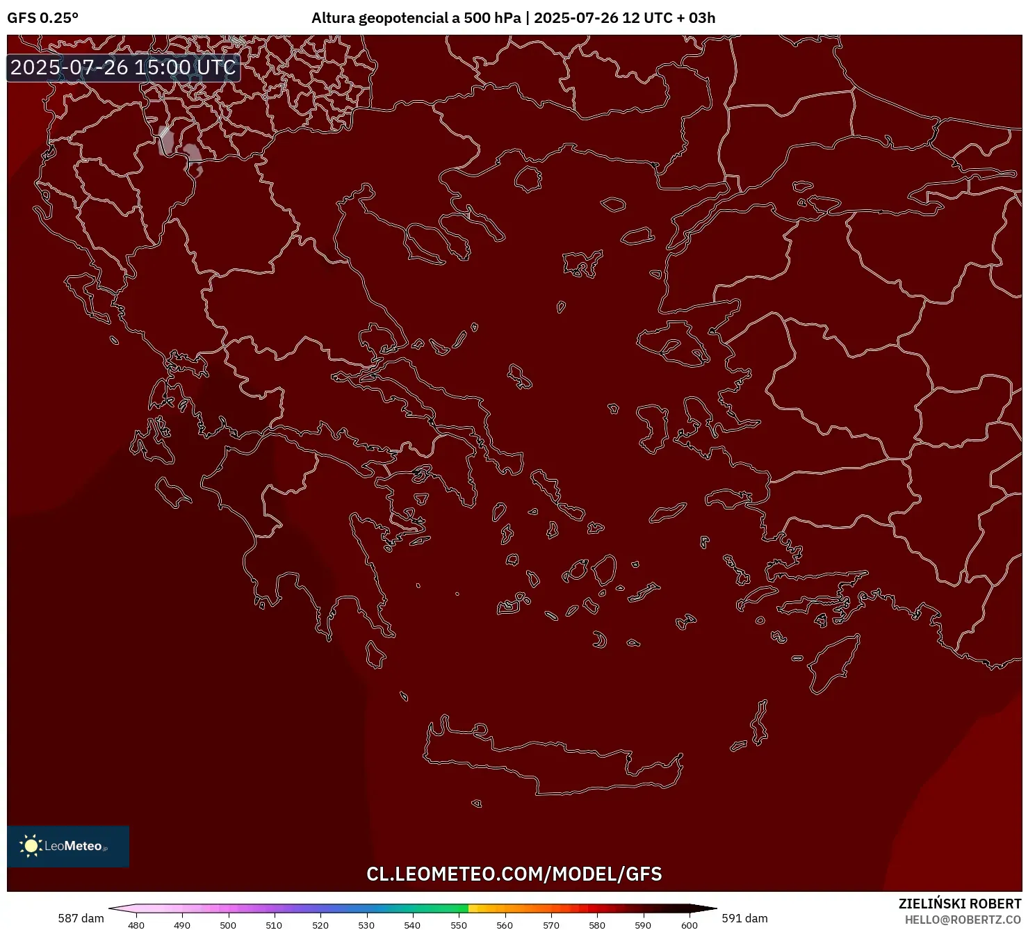 GFS model - Grecia, Altura geopotencial a 500 hPa