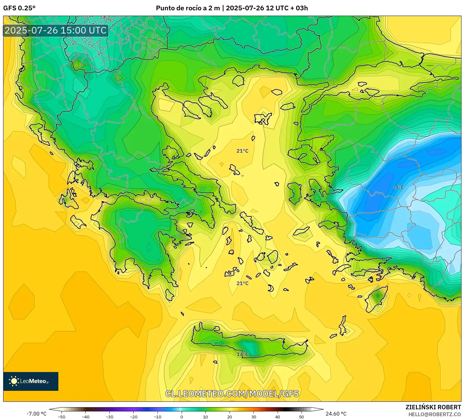 GFS model - Grecia, Punto de rocío a 2 m