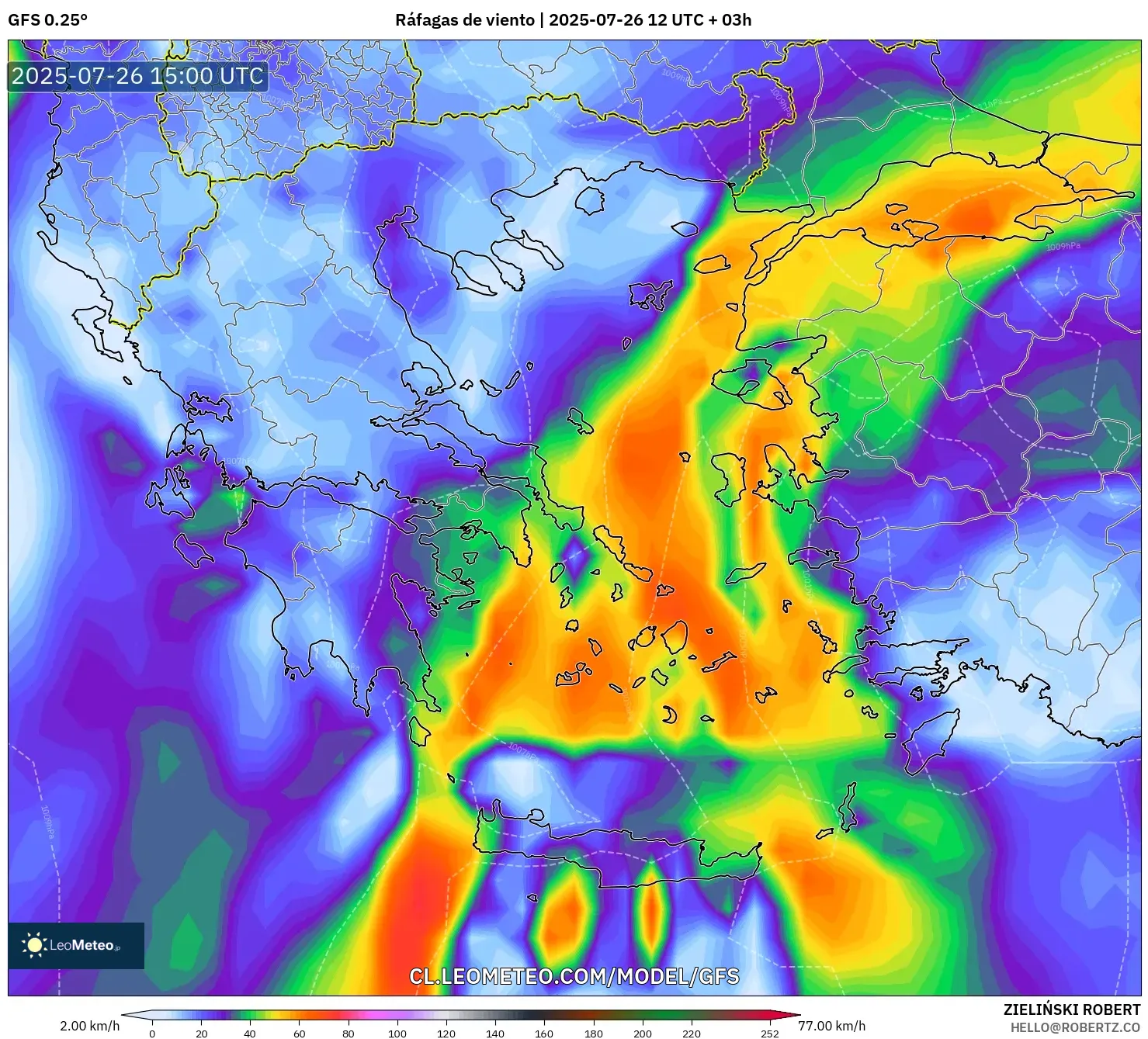 GFS model - Grecia, Ráfagas de viento