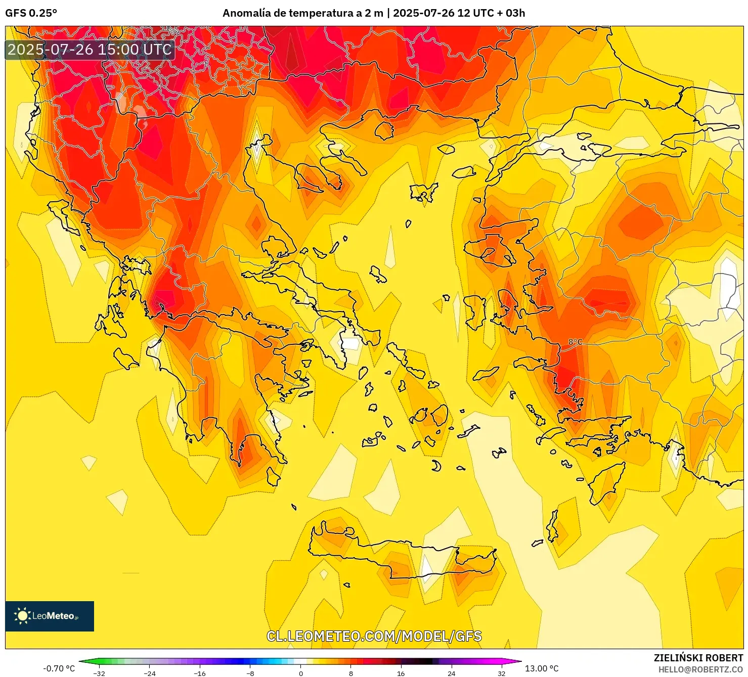 GFS model - Grecia, Anomalía de temperatura a 2 m GFS model - Grecia, Anomalía de temperatura a 2 m