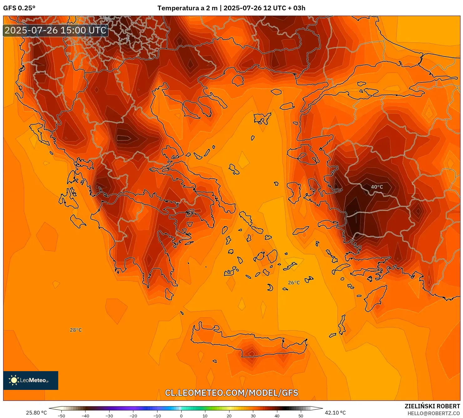 GFS model - Grecia, Temperatura a 2 m GFS model - Grecia, Temperatura a 2 m