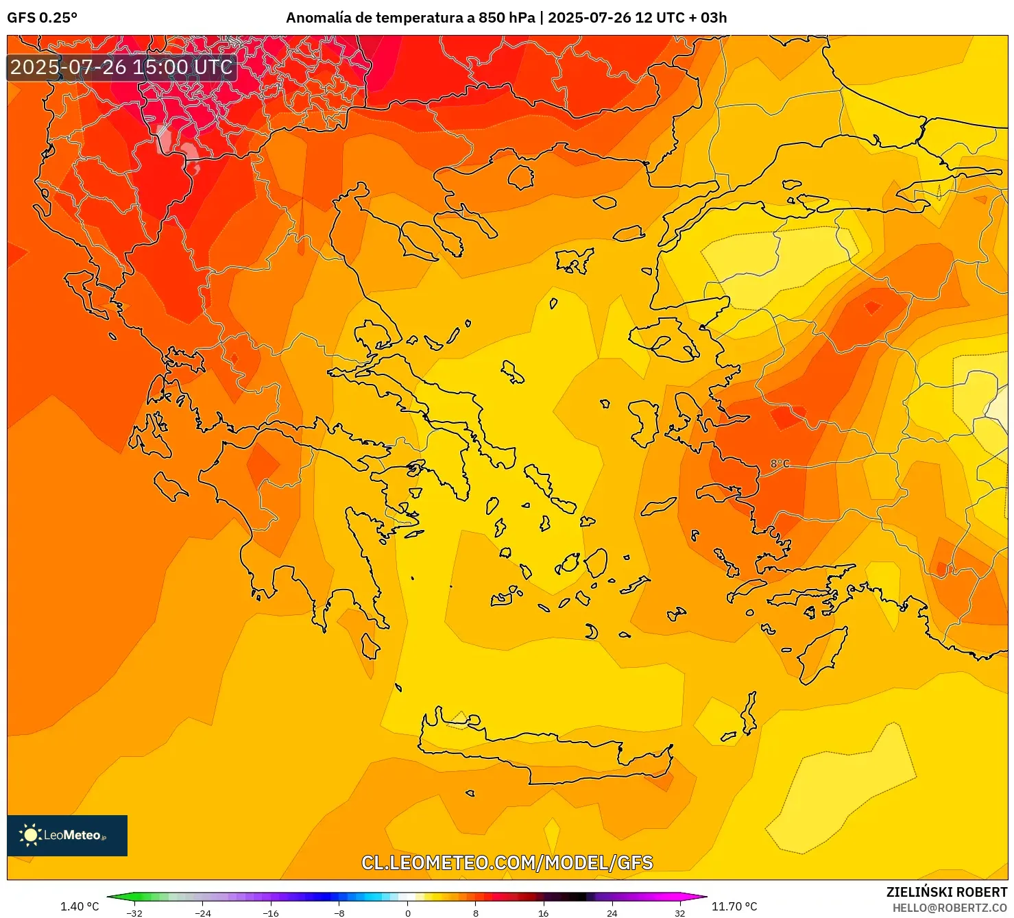 GFS model - Grecia, Anomalía de temperatura a 850 hPa