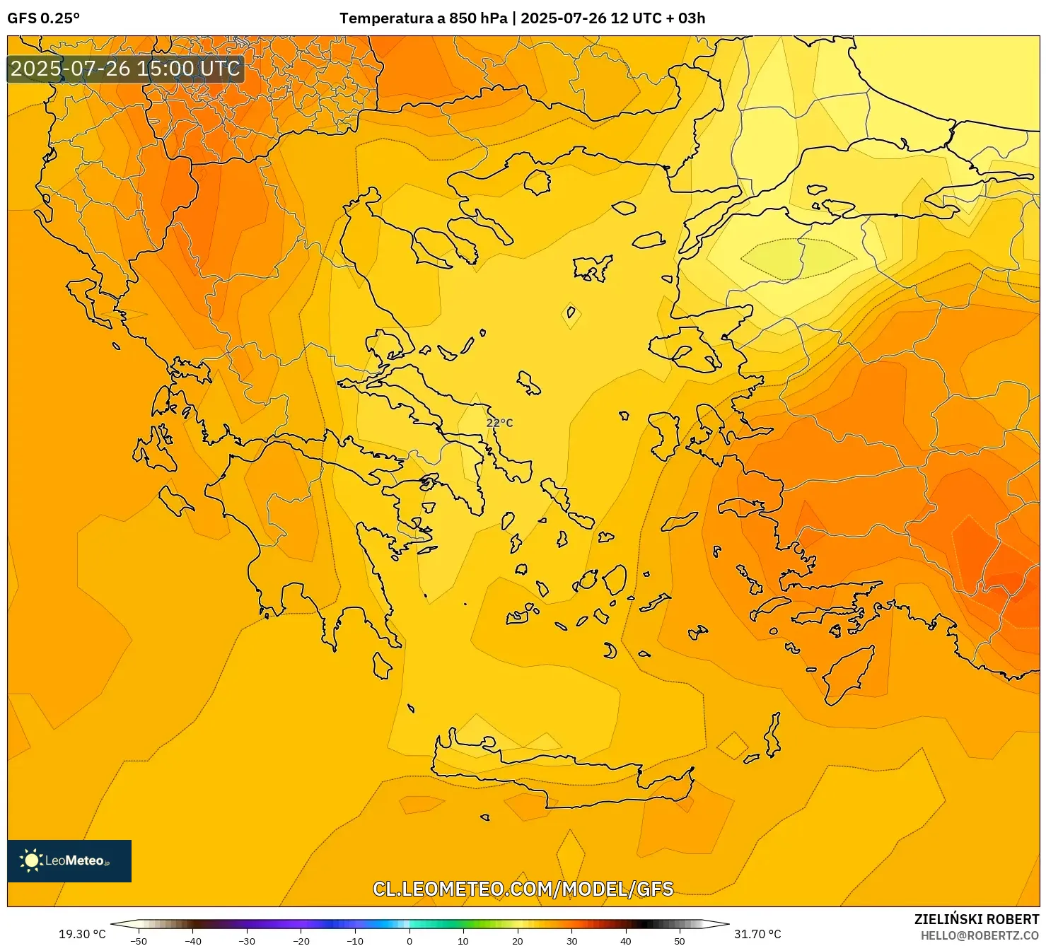 GFS model - Grecia, Temperatura a 850 hPa