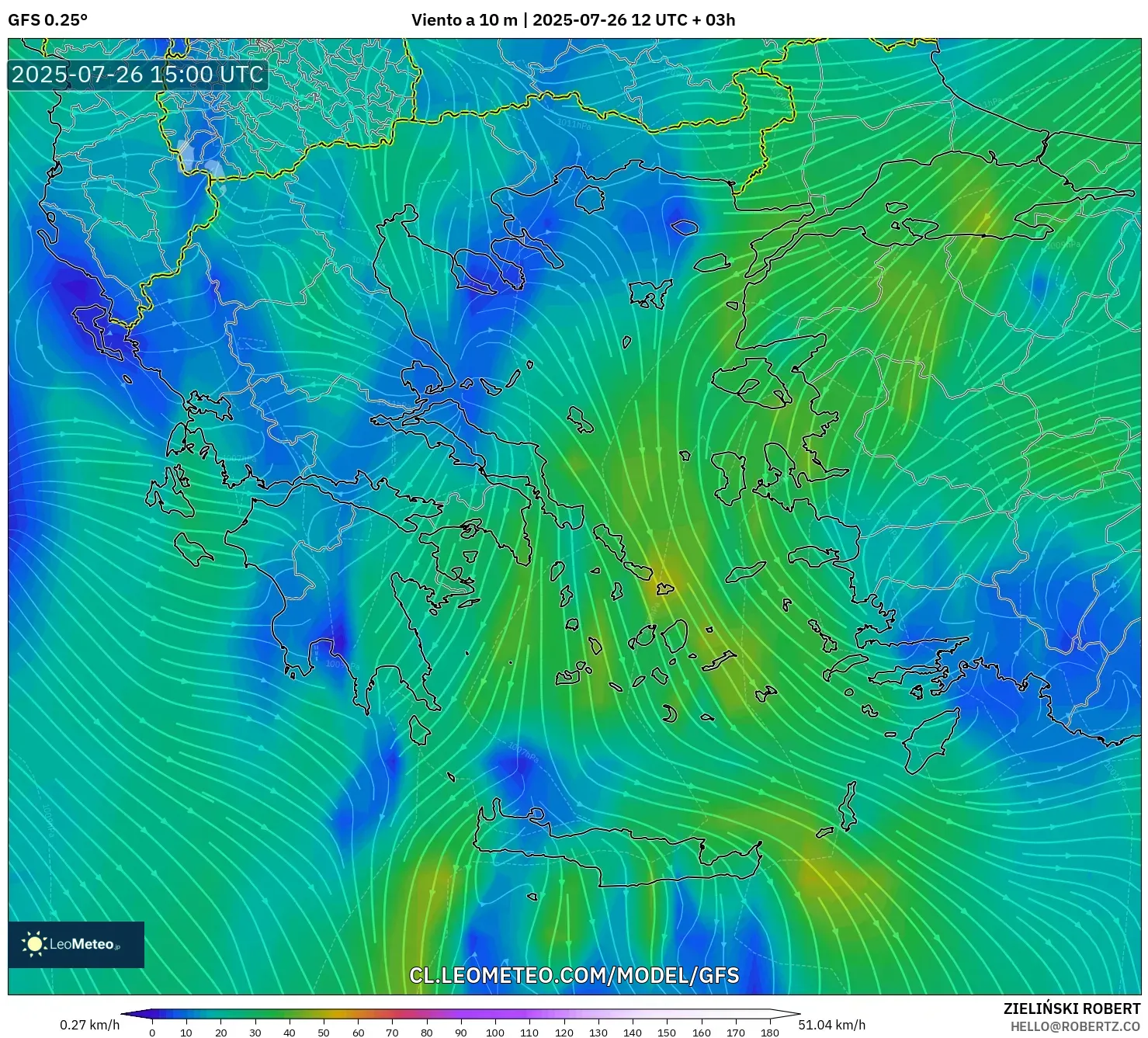 GFS model - Grecia, Viento a 10 m GFS model - Grecia, Viento a 10 m