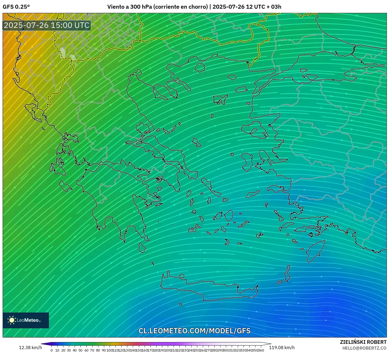 GFS model - Grecia, Viento a 300 hPa (corriente en chorro)